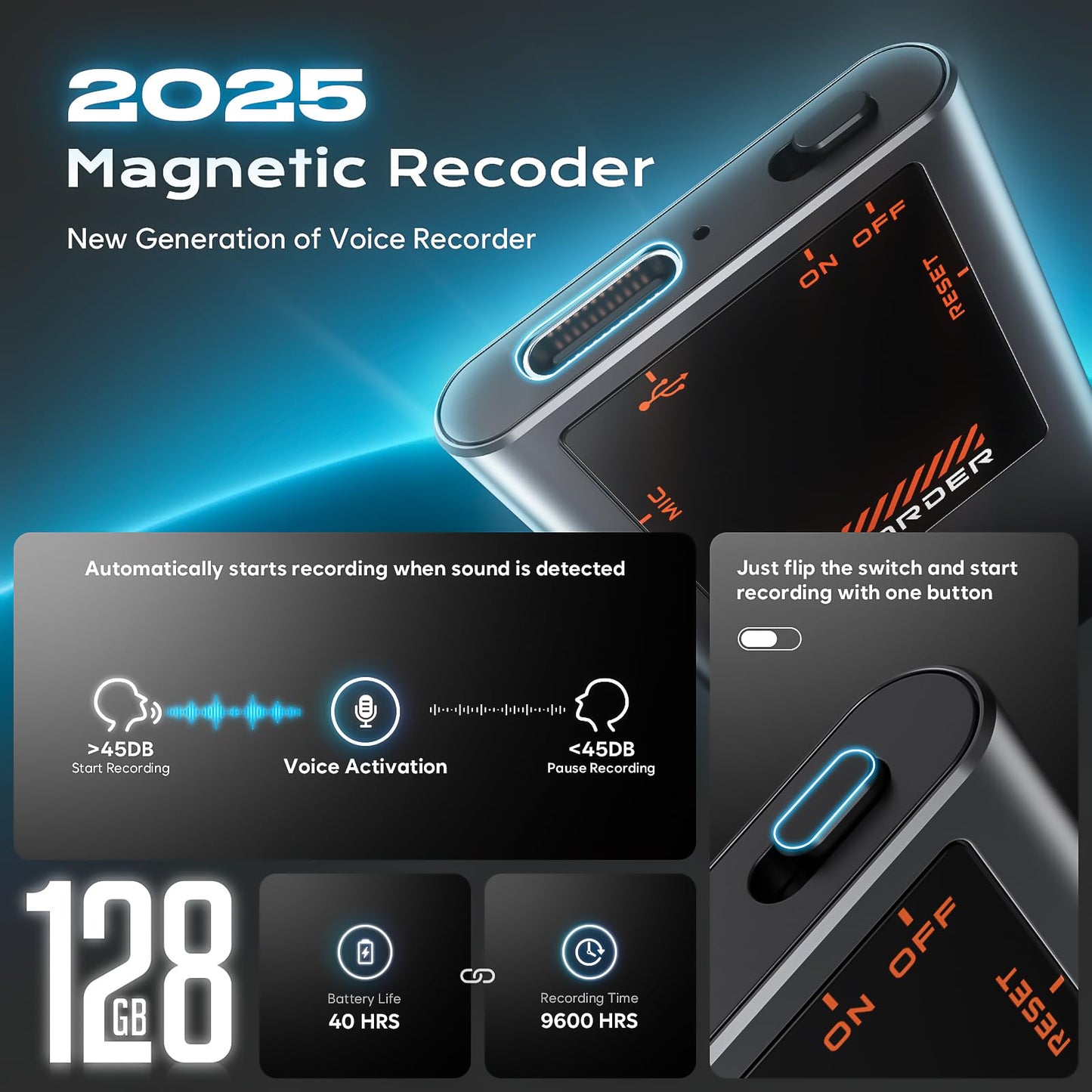 128GB Tallkcoder Magnetic Voice Activated Recorder, 3072Kbps Digital Voice Recorder with AI-Noise Cancellation, 9600Hours Tap Recording Device with Playback for Lectures Meetings Intervie Work