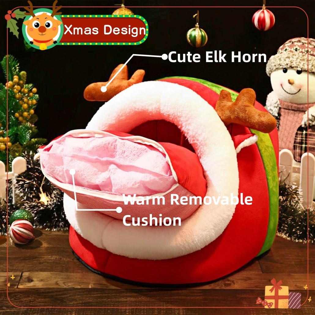 Christmas Cat Bed for Indoor Cats, Semi-Enclosed Cat Cave Foldable Cat House with Removable Washable Cushion Cute Xmas Reindeer Ped bed with Hanging Plush Toy Ball for Cats Small Dogs Playing Sleeping