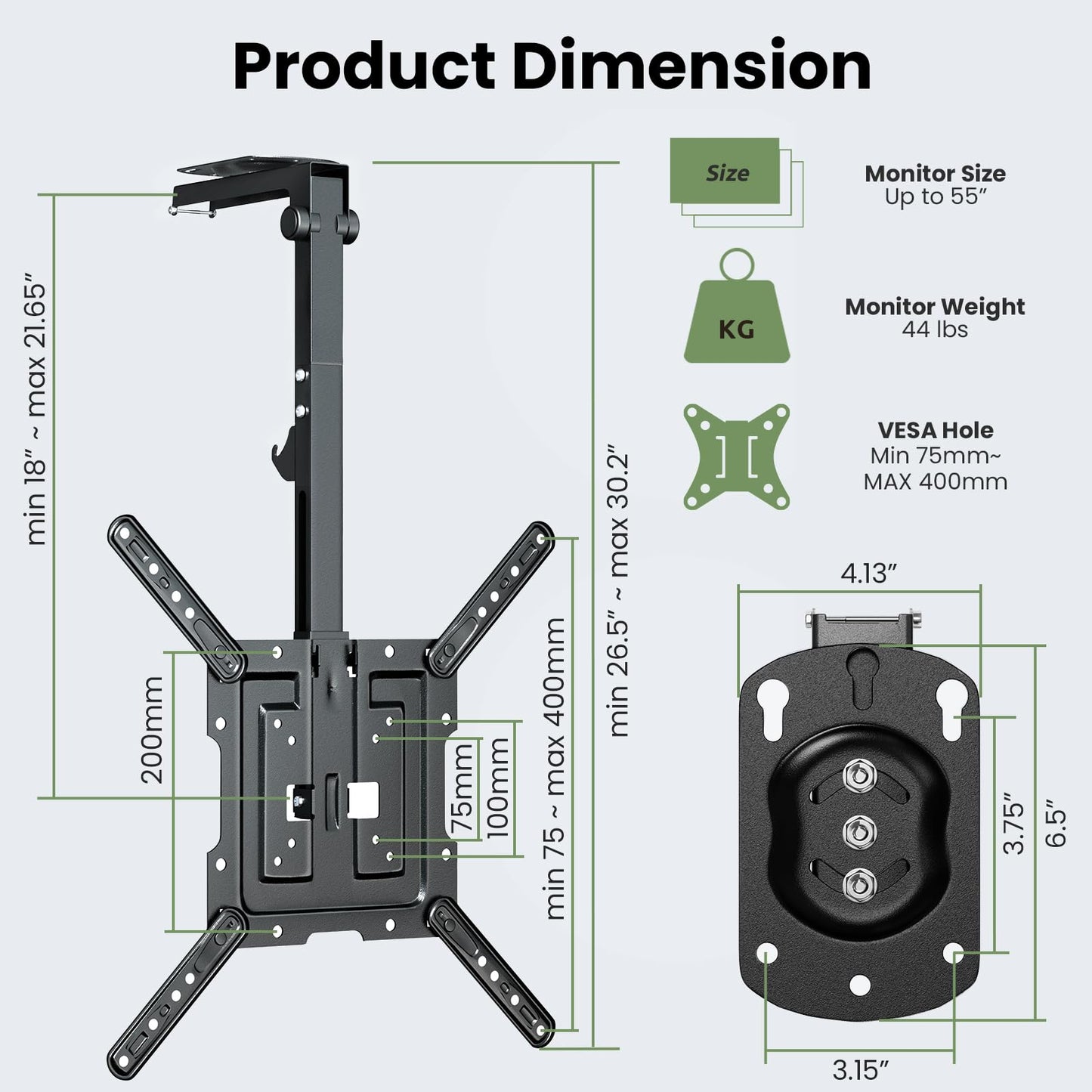 Ceiling TV-Mount Flip Down Folding - 23-55'' Manual Drop Down TV Mount, Fits Flat and Pitched Roof, Height Adjustable, Swivel, Max Load 44 lbs, Max VESA 400x400 mm, Black