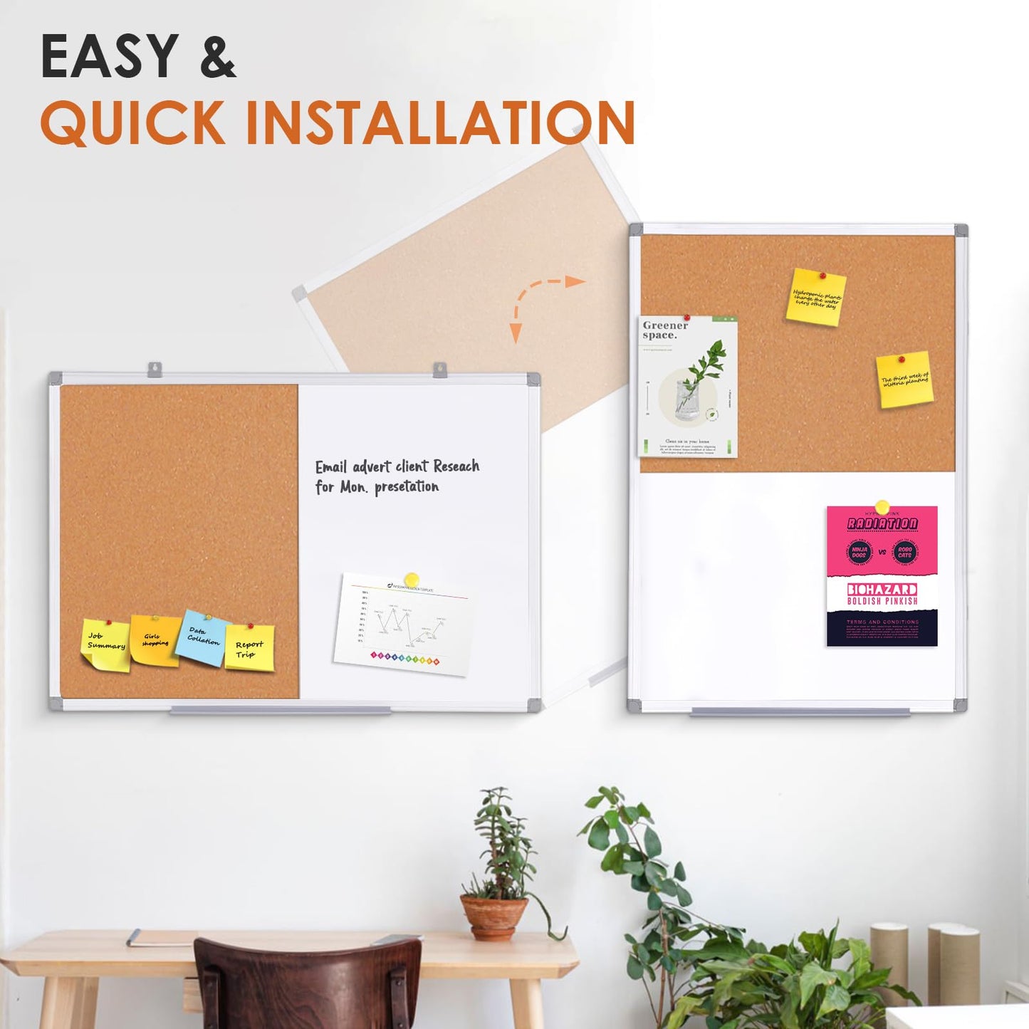 Cork Board and Dry Erase Board Combo Bulletin Board Combination Magnetic WhiteBoard Calendar Pin Notice Board for Home Office School with 4 Dry Erase Maker+6 Magnets+12 Pushpins, 24x18inches