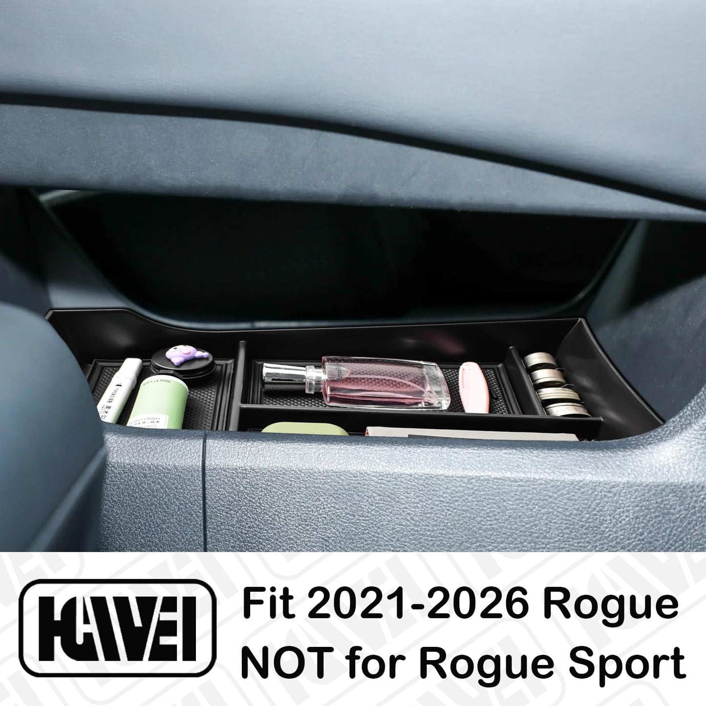 HGWEI 2PCS Center Console Organizer Compatible with Nissan Rogue 2021-2026 Interior Accessories, Rogue Lower Console Armrest Storage Box Insert Secondary Tray (Not for Rogue Sport), Black