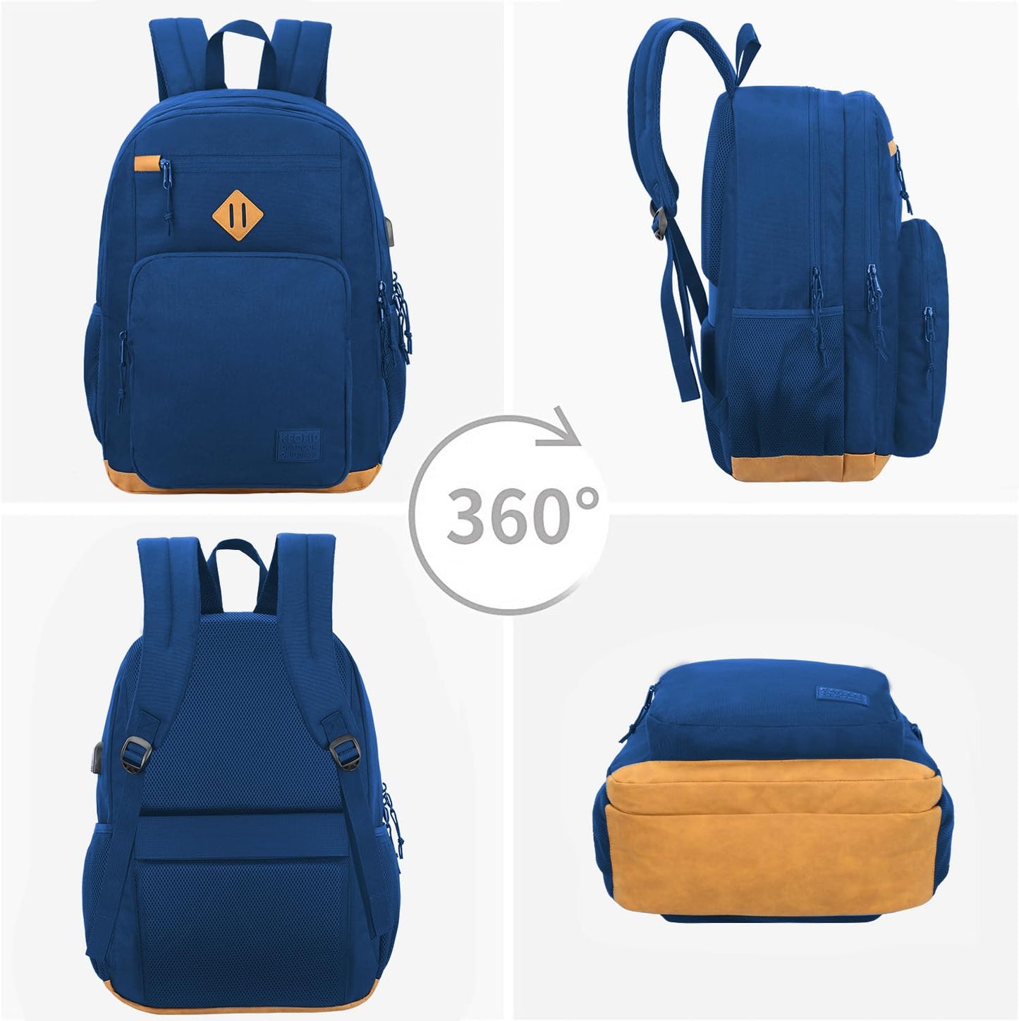 KEOFID Classic Travel Backpack for Men and Women, Anti Theft Laptop Backpack with USB Charging port, Large Bag for College(Blue and Brown, 19 Inches)