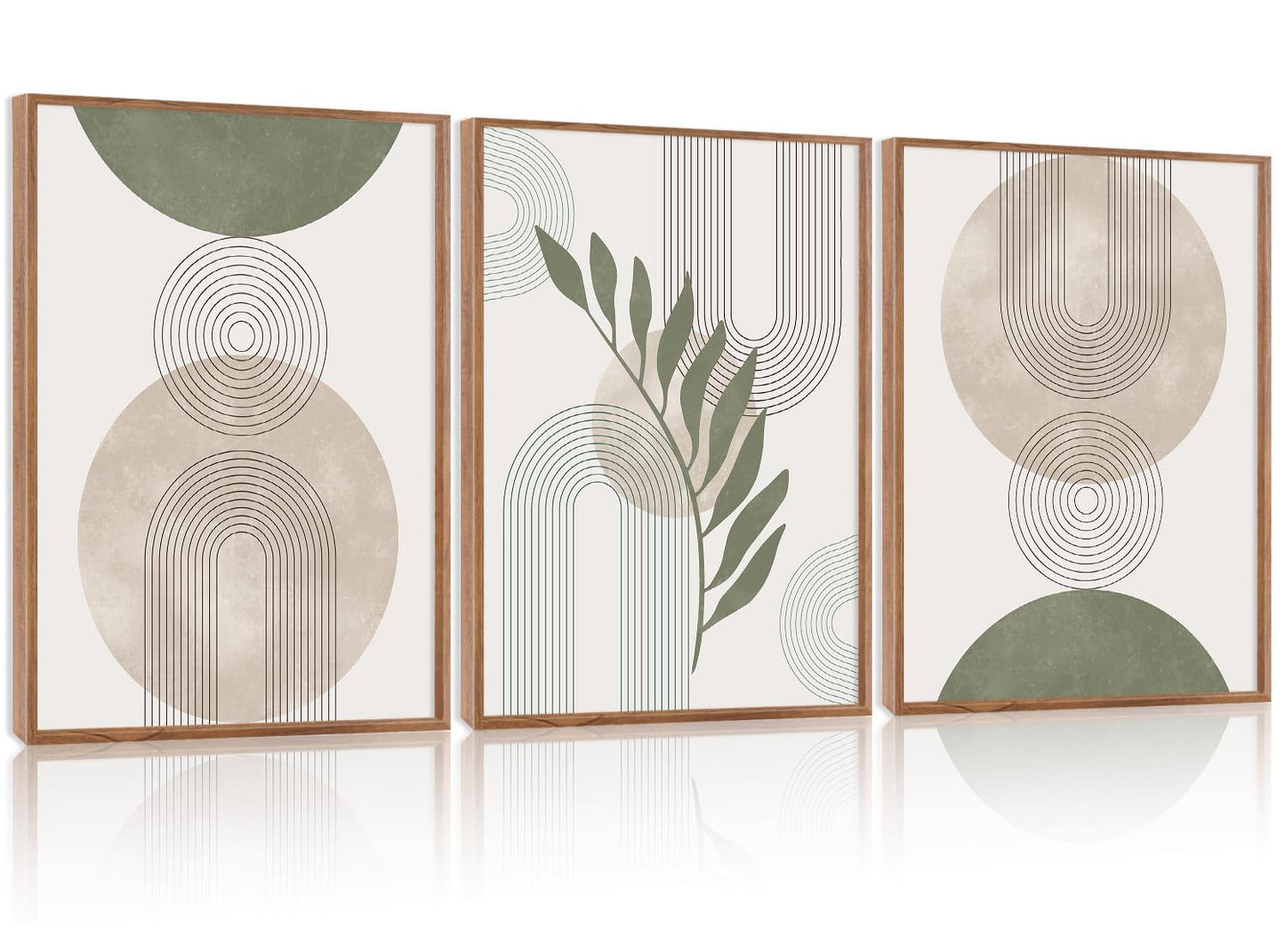 HPINUB Sage Green Boho Framed Canvas Wall Art Set, (Set of 3,12X16 Inch) Minimalist Beige Green Botanical Wall Decor, Abstract Geometric Line Leaf Painting for Living Room,Bedroom,Office Decor