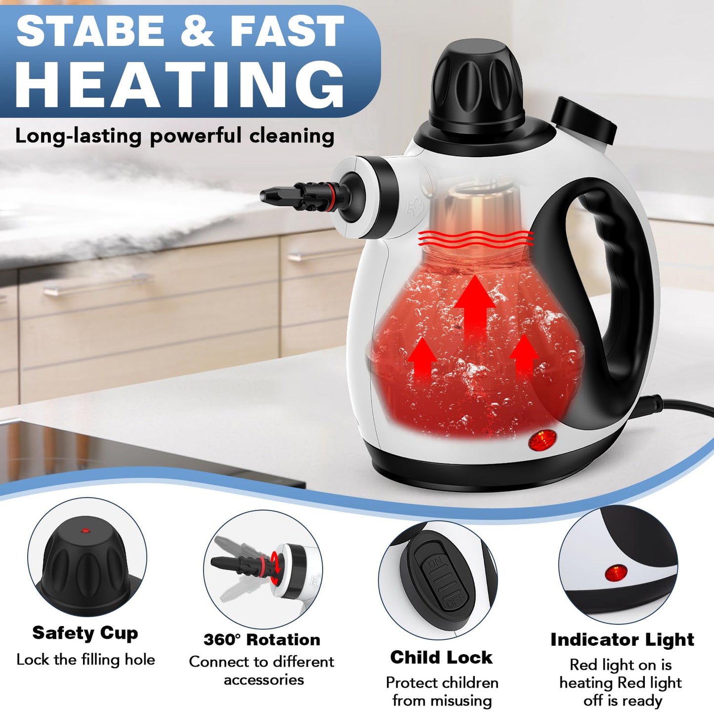 KLONA Handheld Steam Cleaner, Steam Cleaner for Home with 10 Accessory Kit, Multipurpose Portable Upholstery Steamer Cleaning with Safety Lock to Remove Grime, Grease.