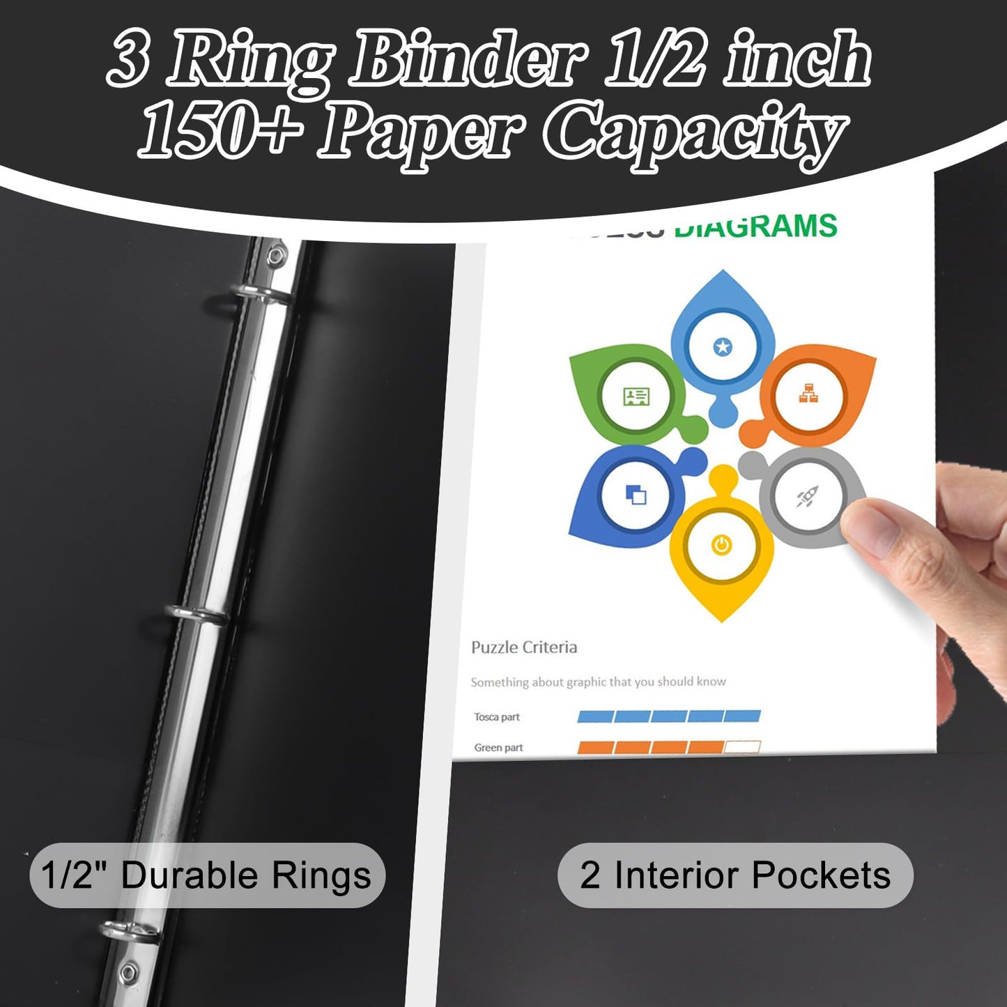 CIXILDTS 0.5-inch 3 Ring Binder with 2 Interior Pockets, 1/2" Basic Binders Holds US Letter Size Paper - Durable, Versatile Binders for Office and School Use, 12 Pack, Balck (12-Pack, Black, 1/2")