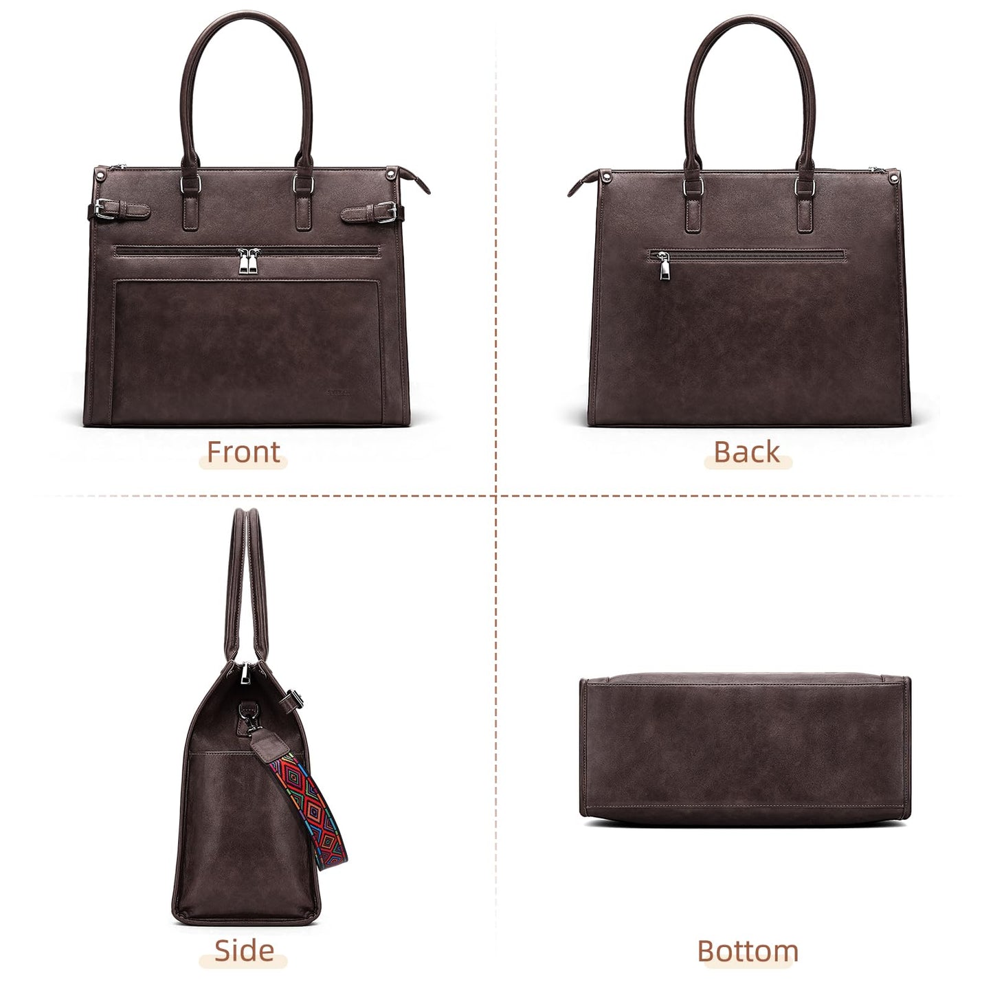 SYTRAH Laptop Tote Bag for Women Designer Faux Leather Briefcase Laptop Purse, 15.6 inch Computer Work Bags Coffee with Satchel Purse