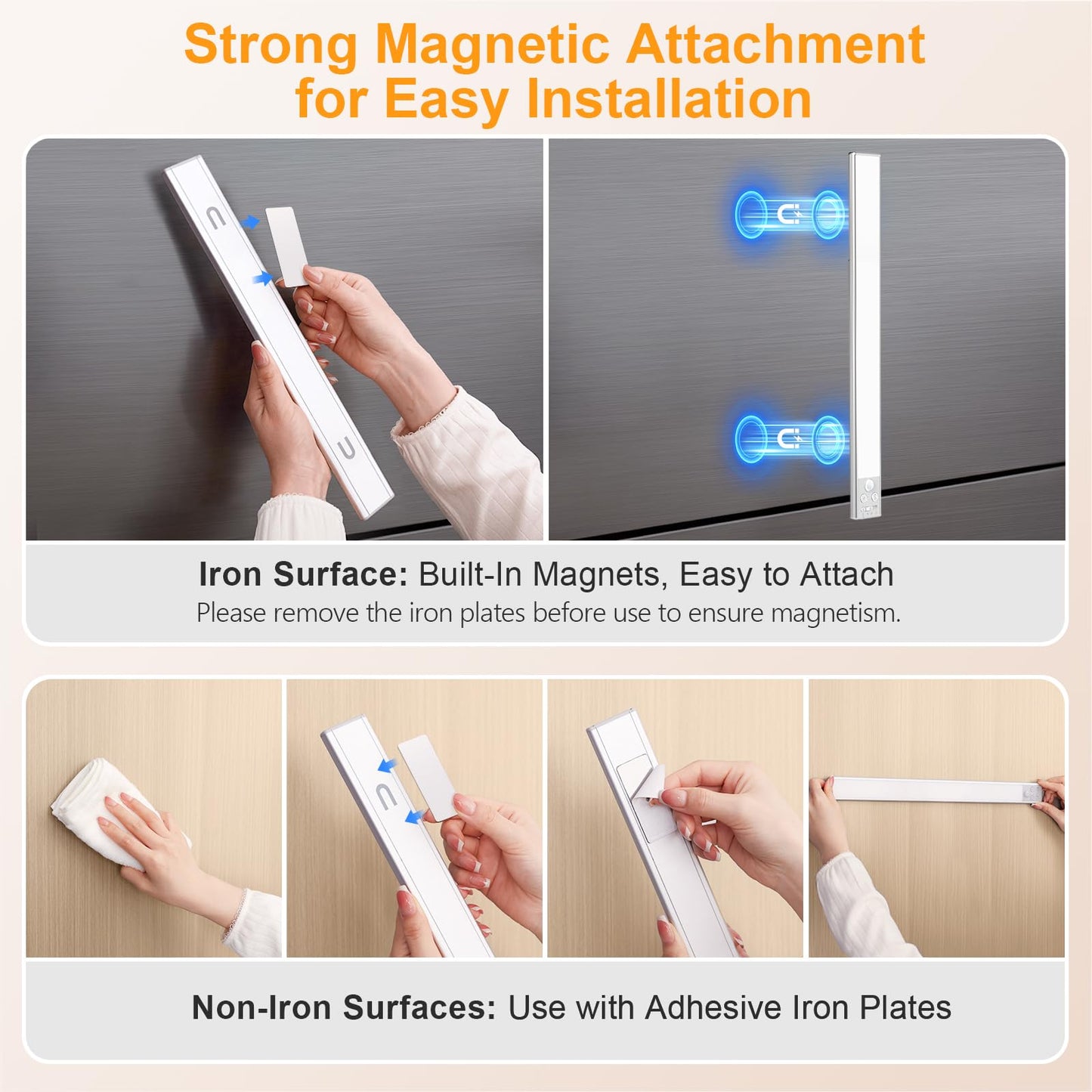 Gritin 14.7inch Under Cabinet Lighting Rechargeable 2 Pack-3 Color Temps&5 Level Brightness,Super Bright,4 Modes,Motion Sensor,Long Lasting-Easy Installation Wireless Magneti Closet Lights-Silver