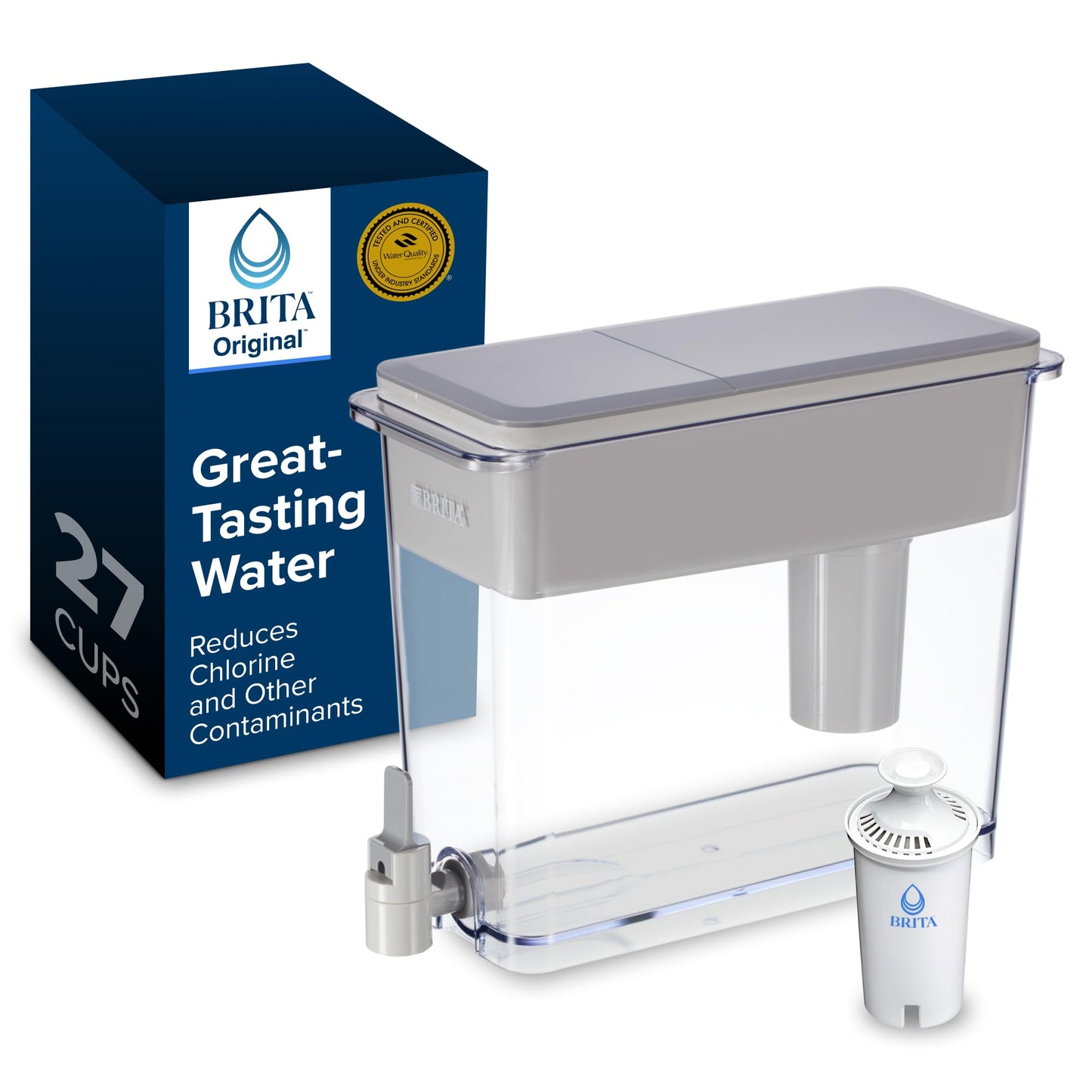 Brita XL Water Filter Dispenser for Tap and Drinking Water with 1 Replacement Filter, 27 Cup Capacity, for Men and Women, BPA Free, Grey