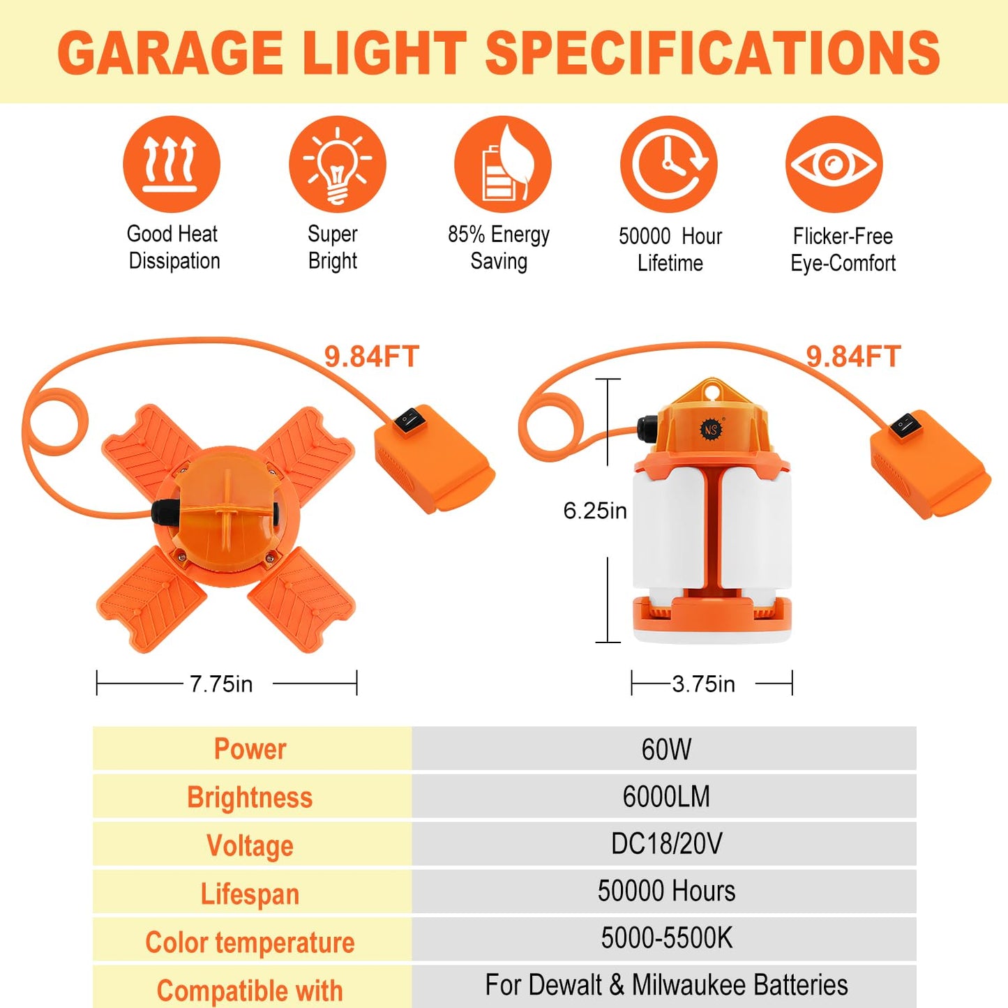 NS LED Work Light for Dewalt & Milwaukee DC 20V/18V Battery, 60W 6000LM LED Garage Lights, Flood Lights, Ceiling Lights for Garage Car Repairs, Workshop, Camping