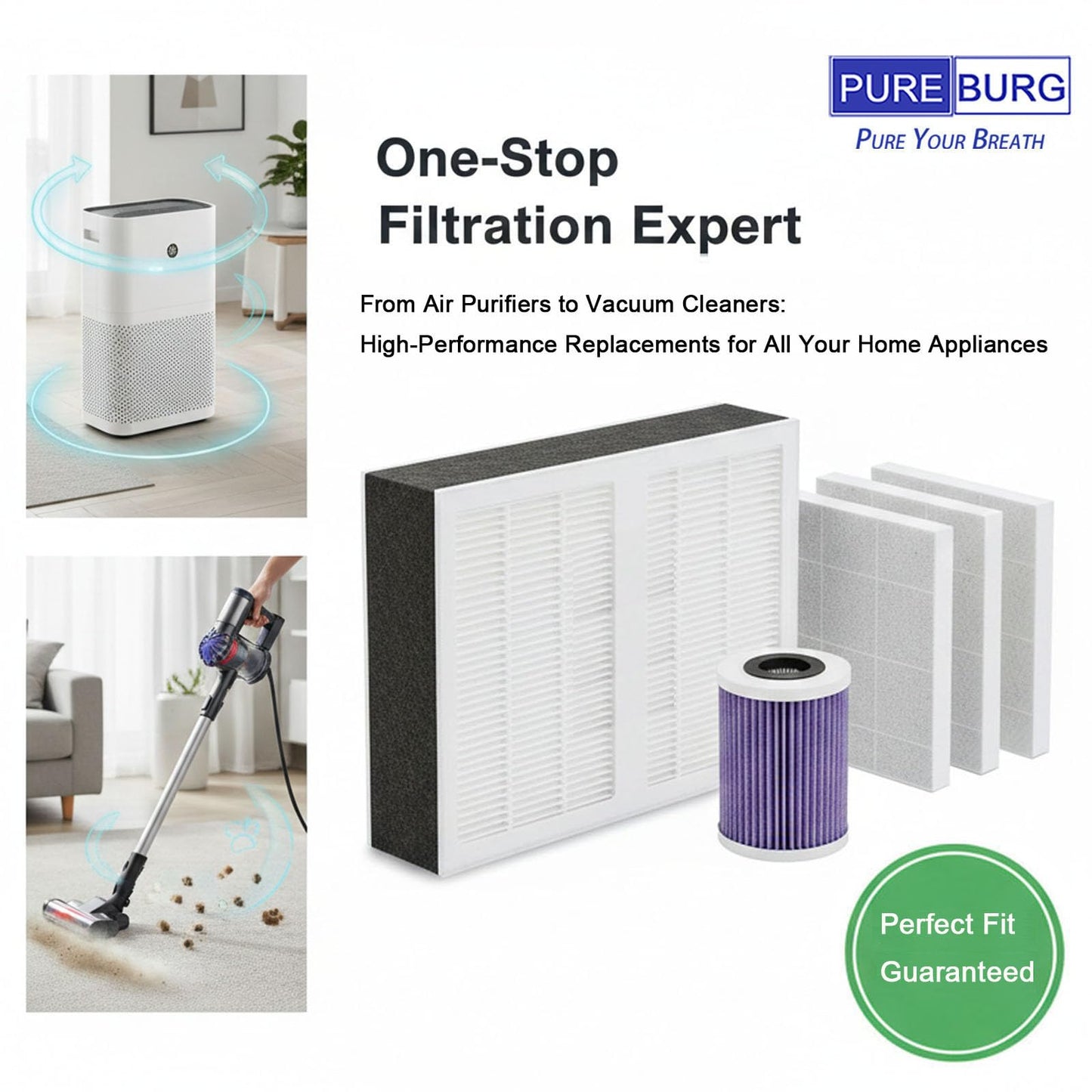 PUREBURG Replacement Filter Compatible with Bissell MYair + & MYair HUB Air Purifiers Model 2905A 3179A Parts 3389, H13 True HEPA and Activated Carbon Multi-Layer Filtration, Pack of 2