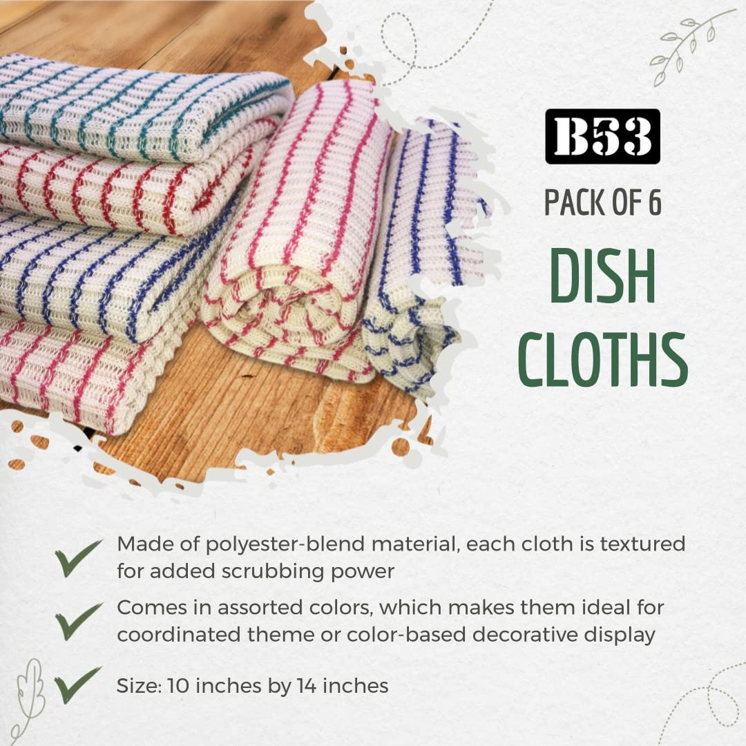 6-Pack Textured Multicolored Dish Cloths by B53 - Kitchen Towels for Washing, Dusting, and Household Cleaning