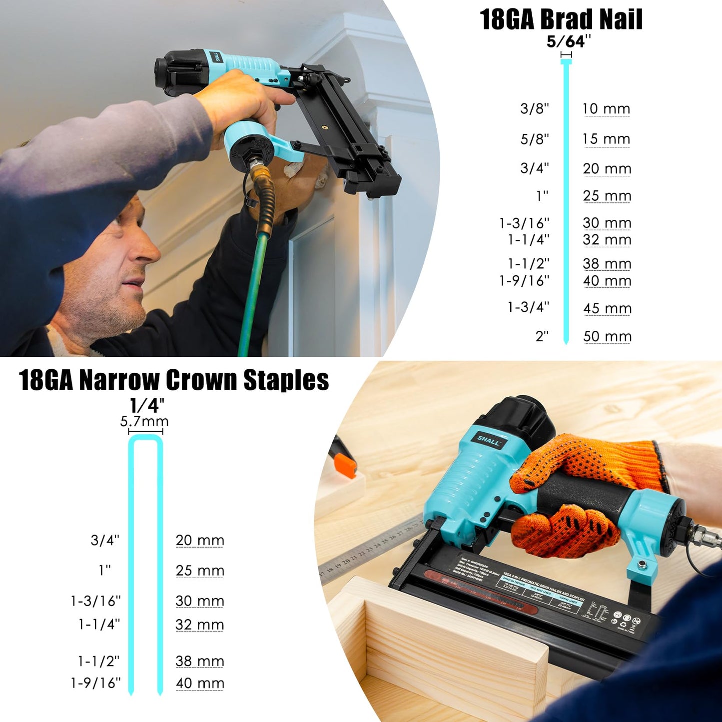 SHALL 18 Gauge Pneumatic Brad Nailer, 2 in 1, 18 GA Air Nail Gun and Crown Stapler, 800 Counts Brad Nails (1", 2") and Narrow Crown Staples (1", 1-1/2") Included, for DIY Project, Upholstery
