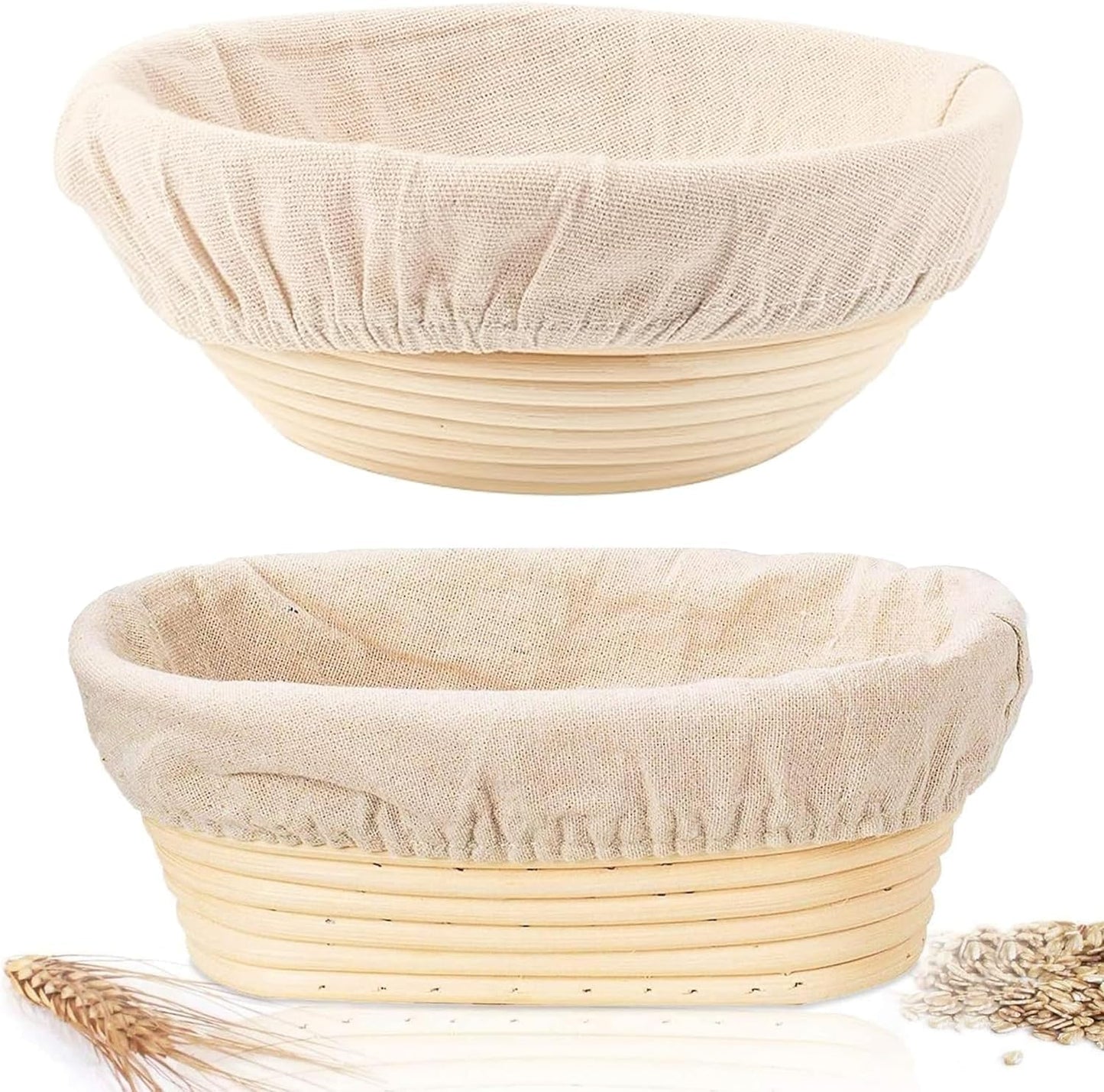 Sourdough Bread Baking Supplies, 2 Pack Banneton Bread Proofing Basket 10 inch Round & 10 inch Oval Proofing Bowls for Sourdough Bread with Liner for Making Baking Fermentation Tools