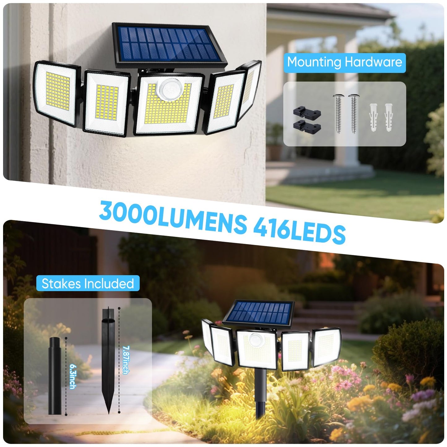 Solar Lights Outdoor Waterproof Motion Sensor - 416 LEDs 3000 Lumens Super Bright 3 Brightness 3 Modes 360° Illumination 32ft Solar Flood Security Light for Outside (with Stakes, 2)