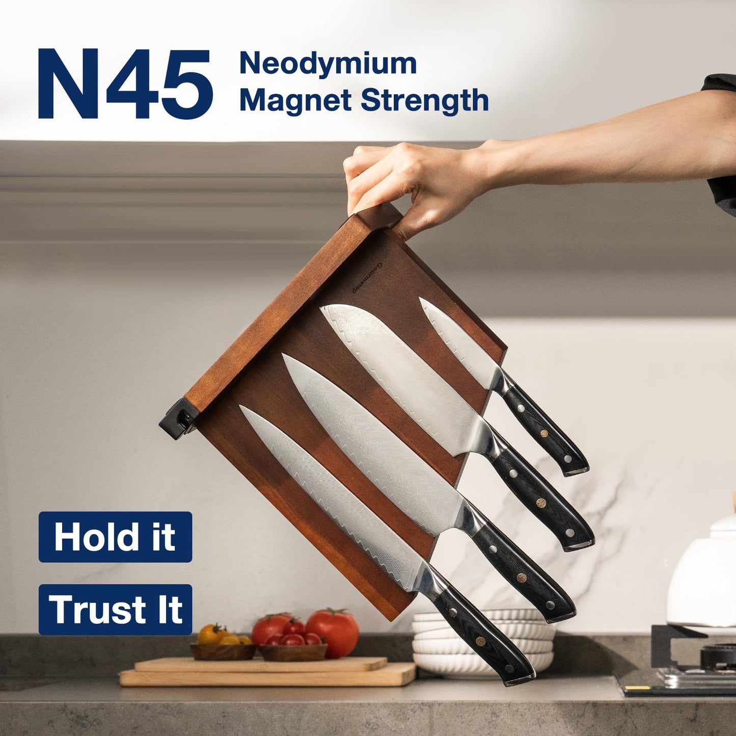 Gourmetop Magnetic Knife Block, Magnetic Knife Holder with Built-in Sharpener, 100% Acacia Wood Magnetic Knife Block Without Knives, Double-Sided Magnetic Knife Holder for Countertop, Dark Wood