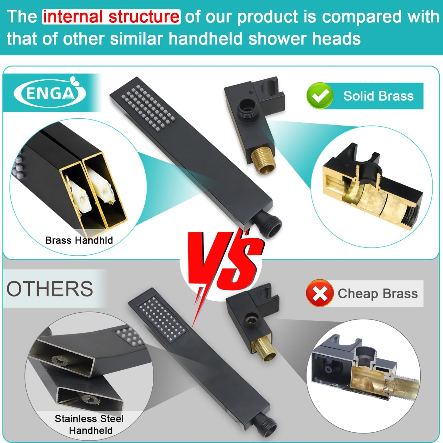 ENGA Solid Brass Handheld Shower Head, High Pressure Hand Held Shower Wand with Adjustable Wall Connector Shower Holder and 59" Hose Set, Matte Black