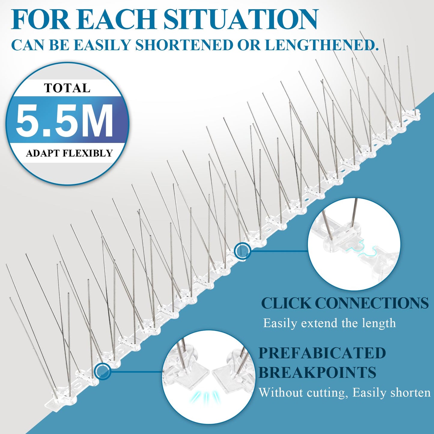 18 Feet Humane Upgrade Bird Spikes, 22Packs Bird Barrier Repellent Spikes Fence Kit (5.5M), Pigeon Bird Defense System Spikes Stainless Steel, Bird Deterrent Device, Against Nesting & Bird Droppings