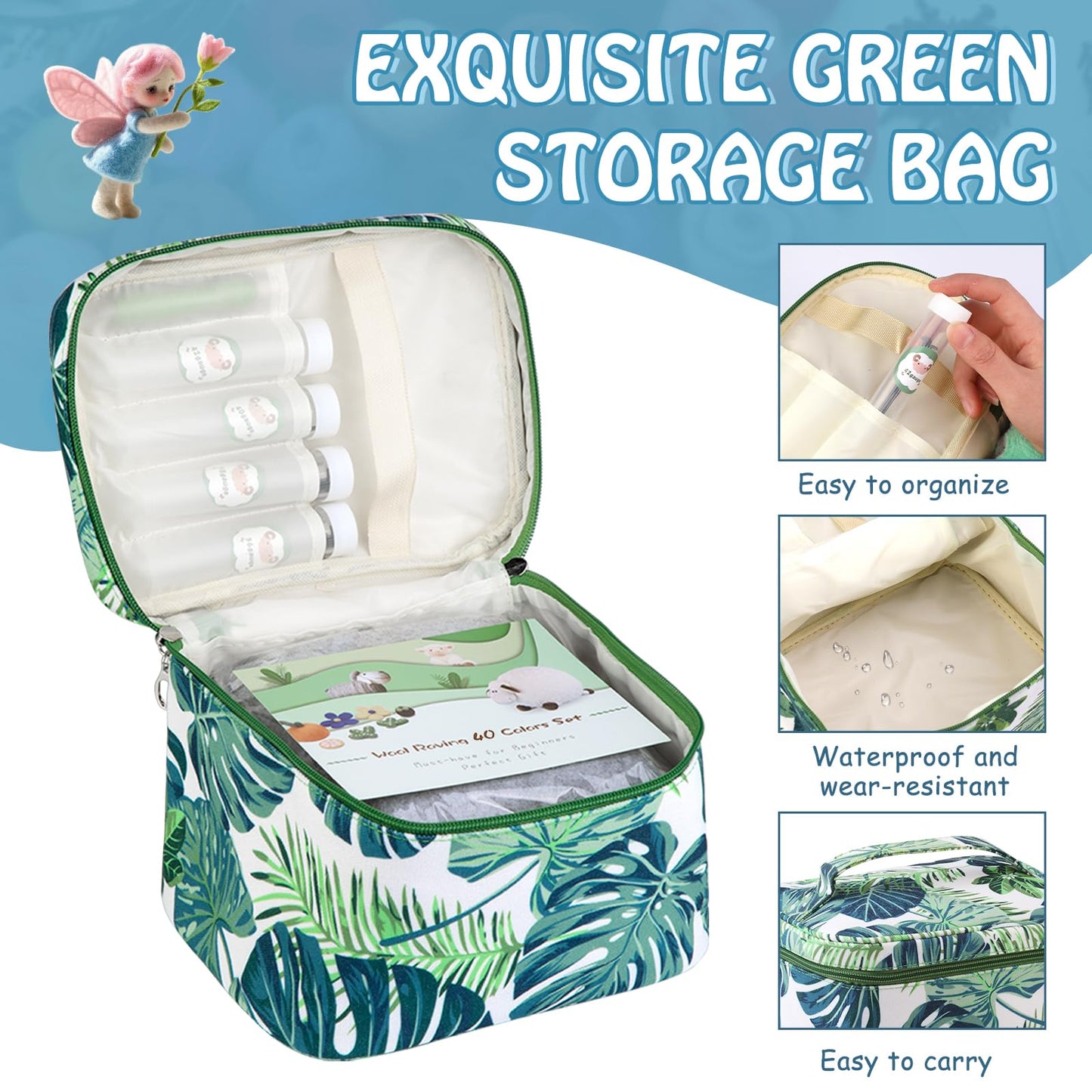 Needle Wool Felting Starter Kit with Exquisite Green Storage Bag, Wool Roving 40 Colors Set, Tools for Felted Animal Needle Felting Supplies
