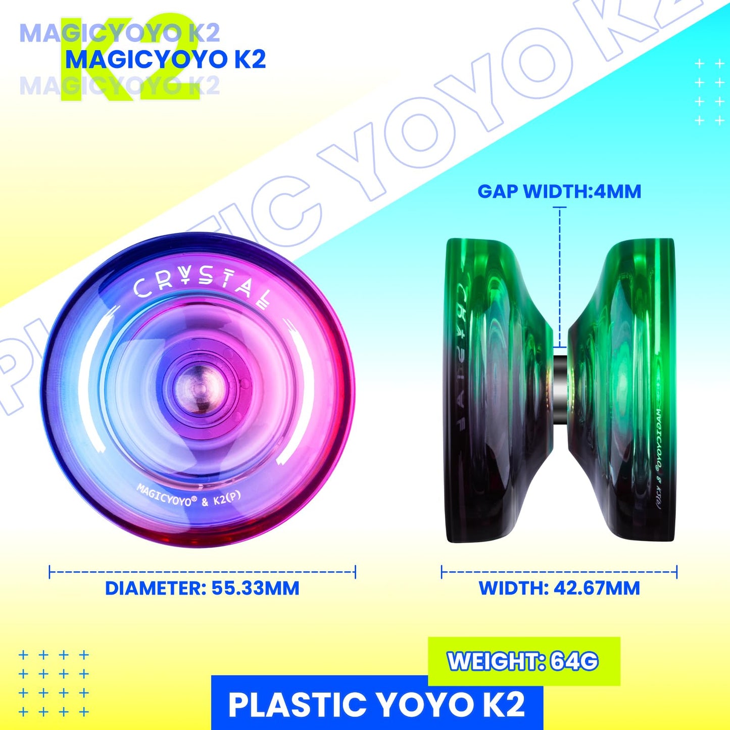 MAGICYOYO K2 Professional Yoyo Set - 2 Pack Dual Mode (Responsive/Unresponsive) with 12 Strings, Bearing Tool & Case - Best for Kids/Beginners (Crystal Gradient)