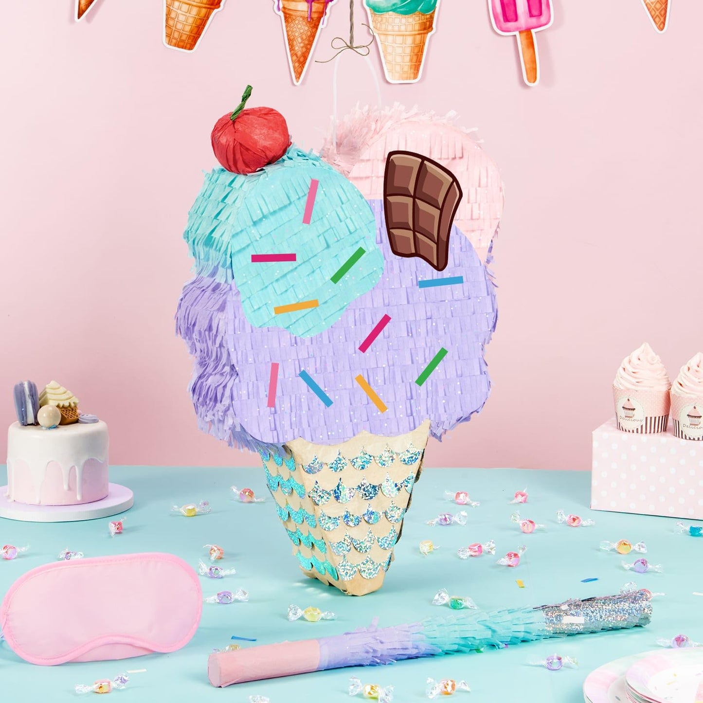 WERNNSAI Ice Cream Pinata - Sweet birthday Pinata with Blindfold and Stick for Summer Ice Cream Birthday Party Decoration Supplies Baby Shower Celebration Supplies