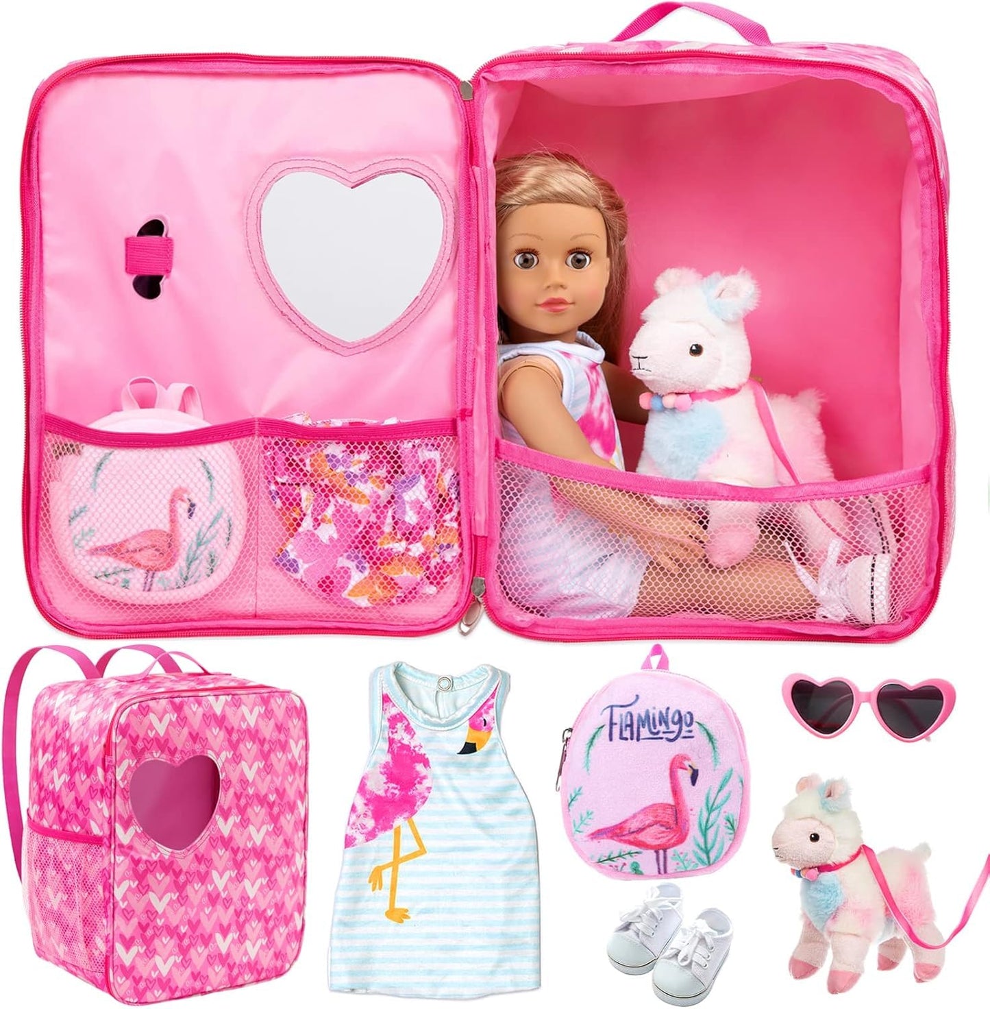 18 Inch Girl Doll Carrier Bag with Doll Clothes and Accessories,Including Dress, White Cloth Doll Shoes ,Doll Backpack, Sunglasses, Toy Lamb