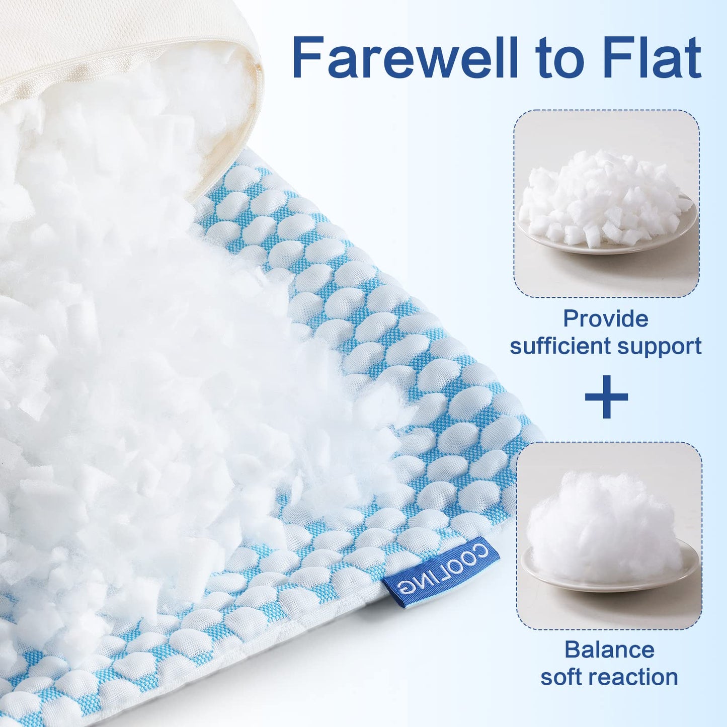 EASELAND Firm Pillow Shredded Memory Foam(Adjustable Loft), Breathable Cooling Bed Pillows Supportive for Side Back Stomach Sleepers Queen Size 2 Pack Blue and White