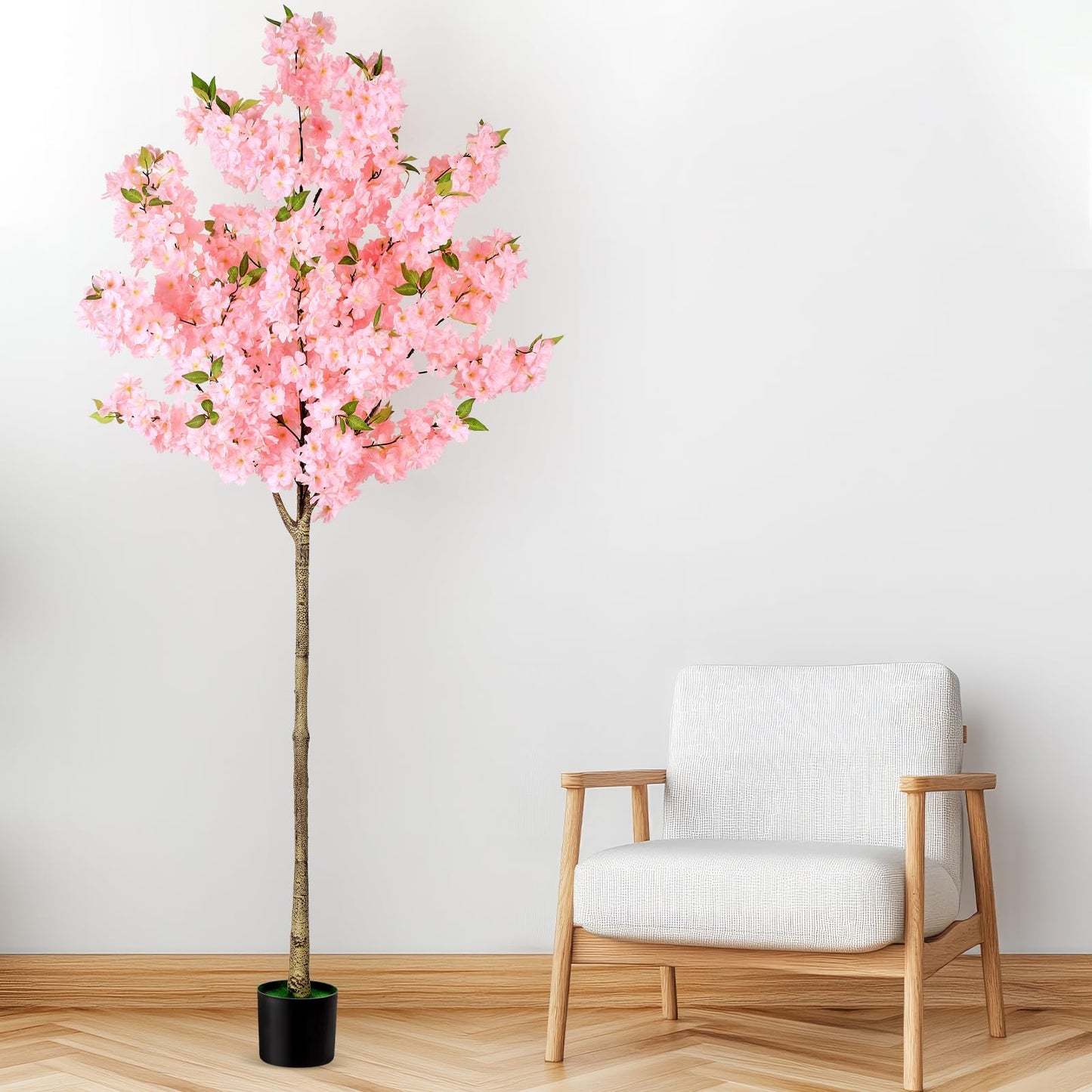 OUSHENG Artificial Cherry Blossom Tree, Fake Plants Indoor Decor, Faux Pink Sakura Flowers for Living Room Home House Entryway Bedroom Office Inside Decorations, 6FT