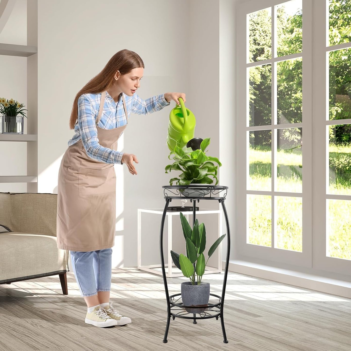 2 Pack Plant Stands Indoor,2 Tier Metal Tall Plant Stand Outdoor,Corner Potted Holder,Flower Stand,Rustproof Decorative Plants Shelf Rack for Patio, Living Room, Garden, 27.1'' ,Black