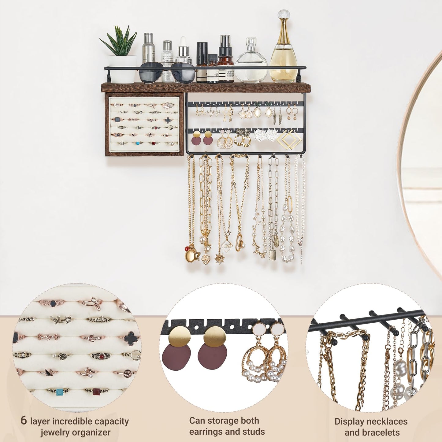 Mkono Wall Hanging Jewelry Organizer with Rustic Wooden Shelf Ring Box Earring Stud Earrings for Earrings Bracelets