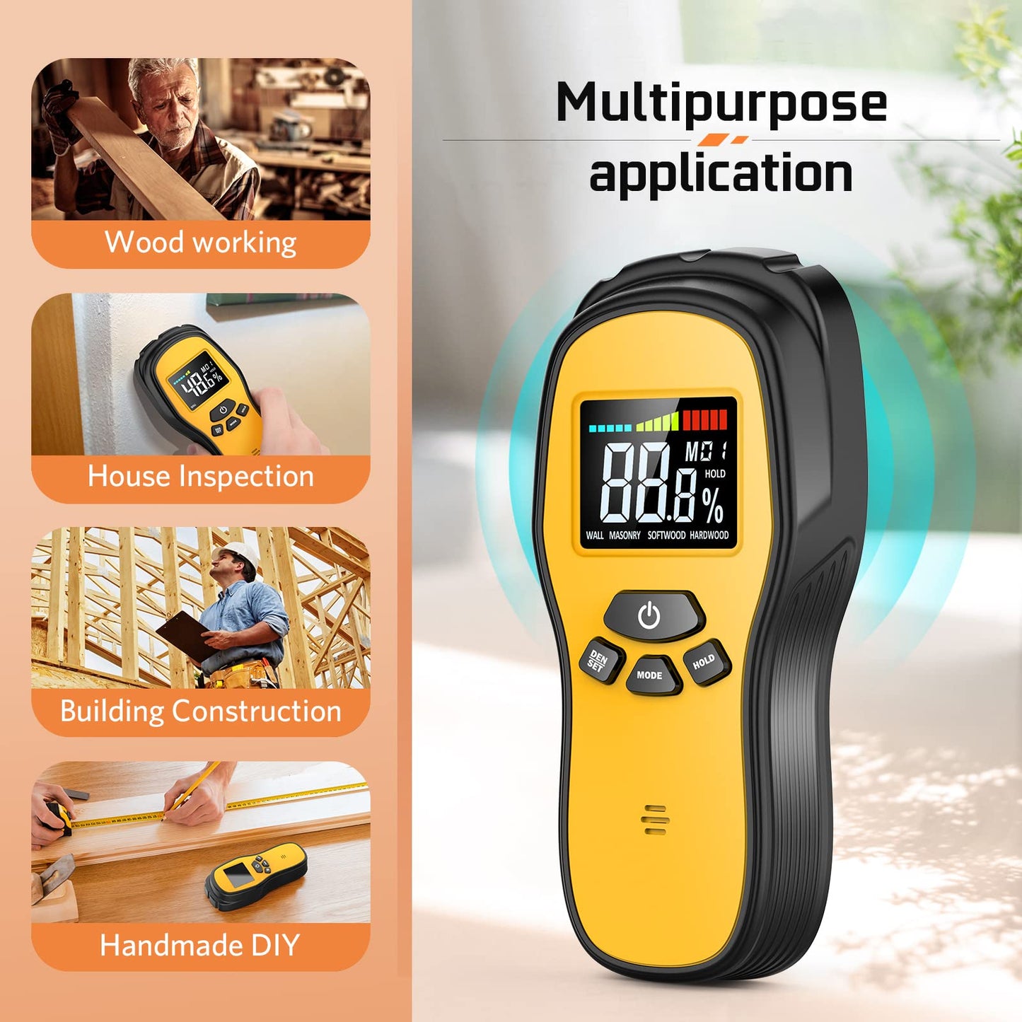 Pinless Moisture Meter - Povlen Wood Moisture Meter Digital Humidity Detector for Lumber Drywall Firewood Masonry Woodworking Plaster Flooring Concrete Construction with LCD Display Sound Alarm