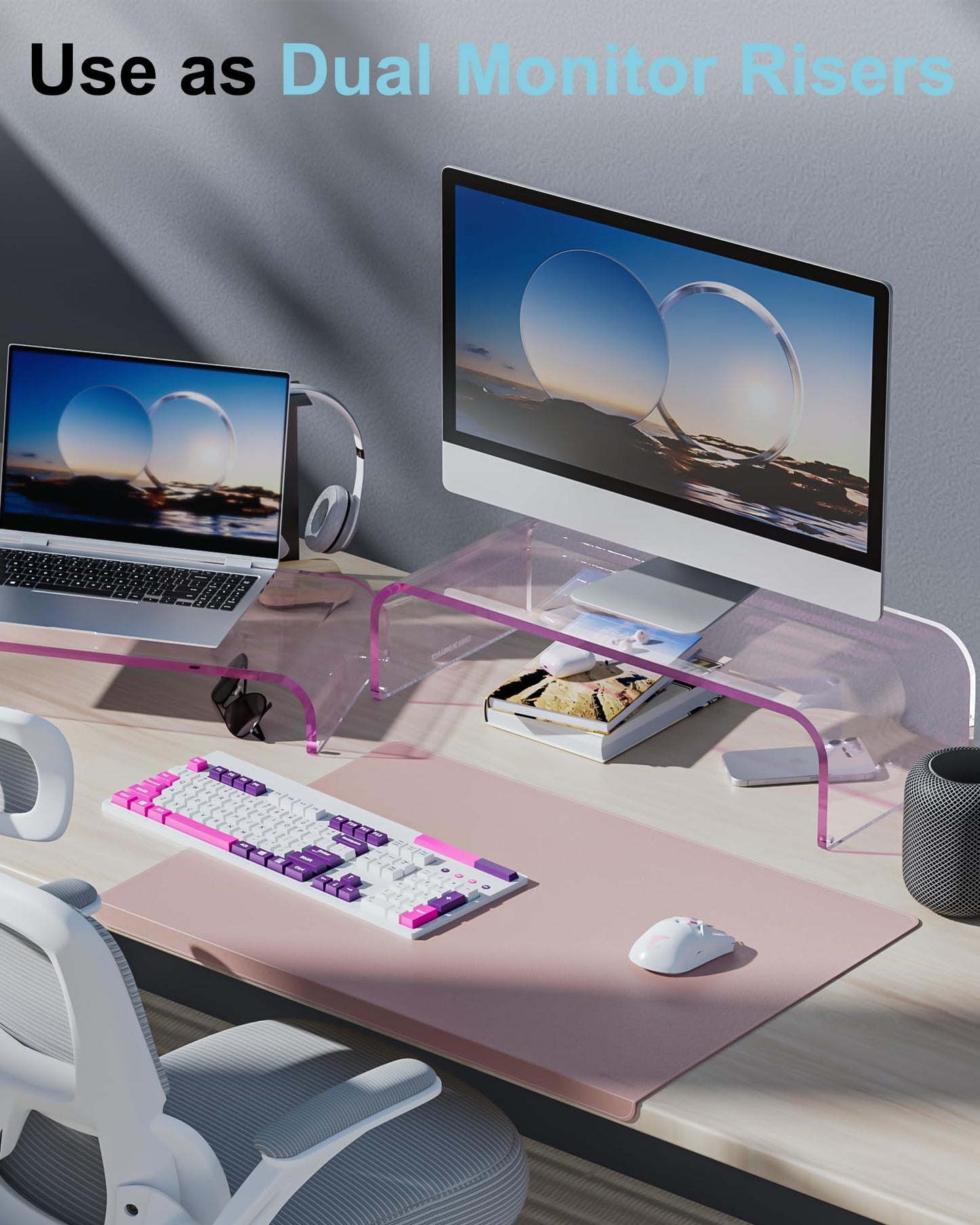 ERGO COLLECT Acrylic Dual Monitor Stand Riser, 2 Tier Detachable Laptop Stand, Computer Desk Organizer Shelf for PC, Laptop, iMac, Home Office (Pink)