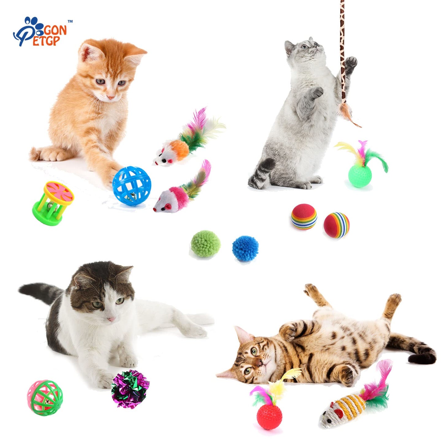 GONPETGP Cat Toys for Indoor Cats, 23 PCS Kitten Toys Set, Collapsible Pet Tunnel Cube Tent Toys, Interactive Cat Feather Teaser Wand Cat Bell Balls Fuzzy Ball Springs Mouse Toys for Cat Kitty