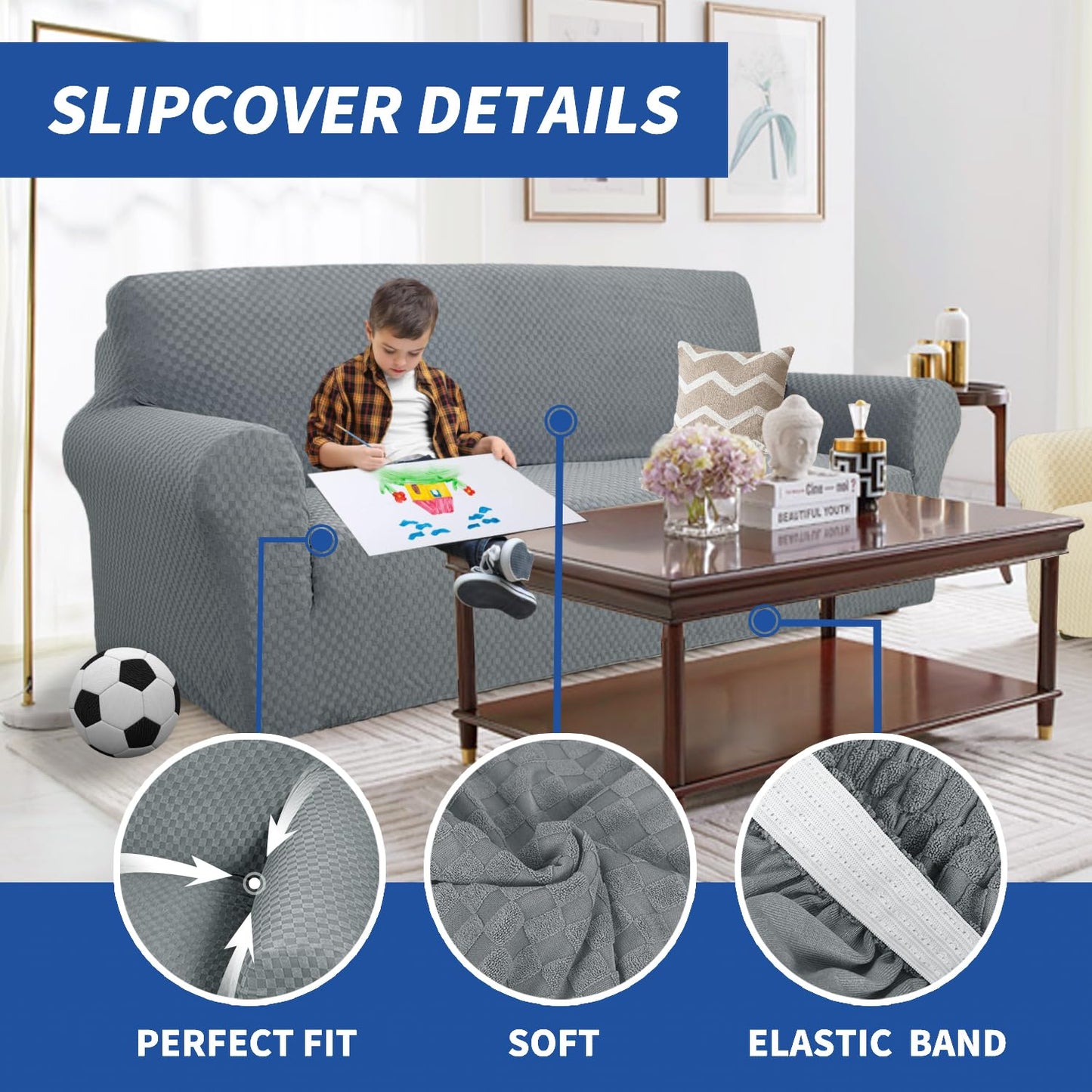 YEMYHOM Couch Cover Latest Jacquard Design High Stretch Sofa Covers for 3 Cushion Couch, Pet Dog Cat Proof Slipcover Non Slip Magic Elastic Furniture Protector (Large, Light Gray)