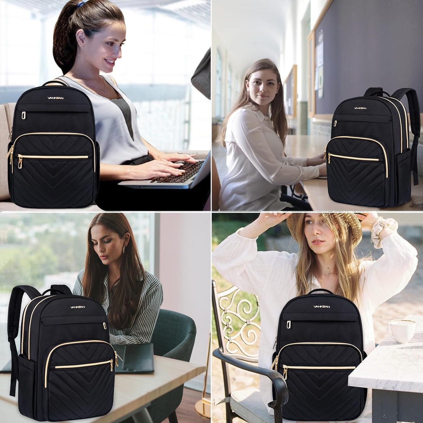 VANKEAN Laptop Backpack for Women Men Work Laptop Bag Fashion with USB Port, Daypacks for College, Business (Black, 15.6 Inch)