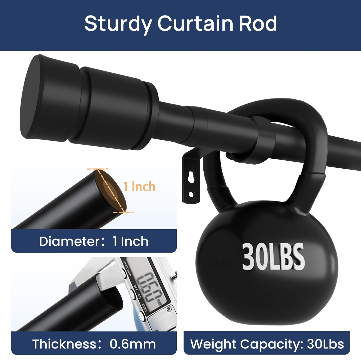 ENJOYBASICS Matte Black Curtain Rods, 1 Inch Diameter Adjustable Curtain Rod, Extra Long Curtain Rod with Brackets, Heavy Duty Drapery Rod for Living Room, 28"-144"