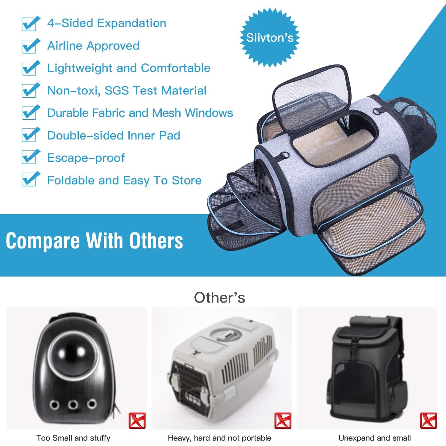 Siivton Pet Carrier Airline Approved, 4 Sides Expandable Cat Carrier Bag with Removable Fleece Pad, Large Soft Sided Pet Travel Carrier, Dog Carrier for Cats, Puppy and Small Dogs