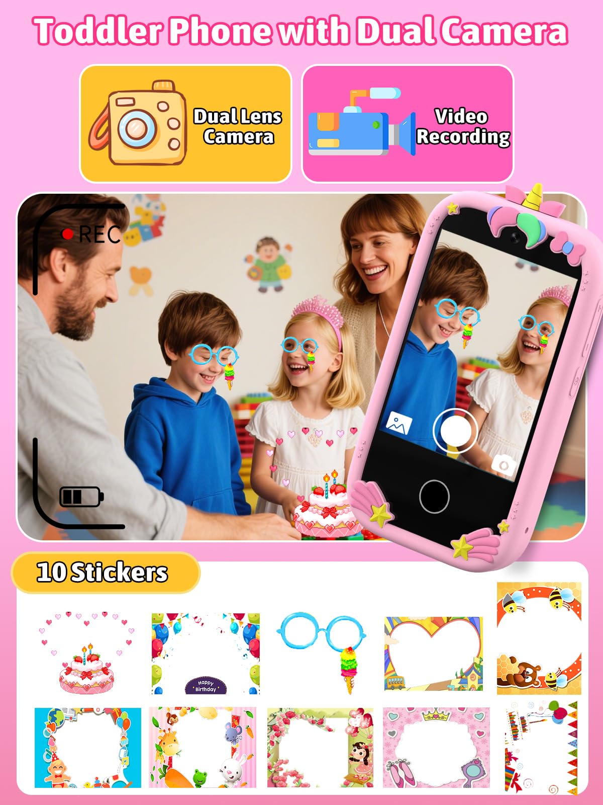 Mgaolo Kids Phone Smartphone Toy, 2.8" Touchscreen Smart Phone, Toddler Educational Learning Gift for Boys Girls Age 3-8, Games, Dual Cameras, Music Video Player, Christmas Birthday Present (Pink)