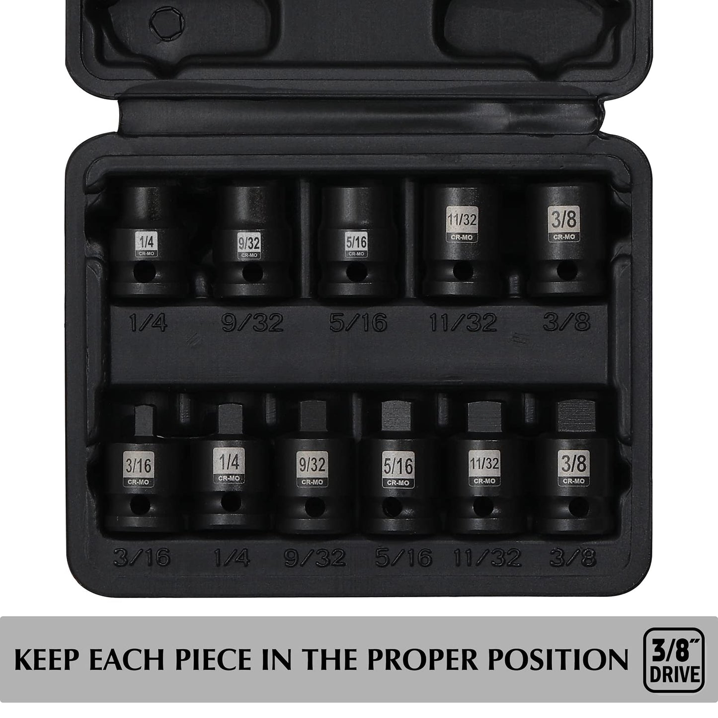 EMENTOL 11PCS 3/8" Drive Pipe Plug Socket Set, SAE, CR-MO, Tapered Male Square Drive- 3/16 Inch to 3/8 Inch, Chamfered Female Square Drive- 1/4 Inch to 3/8 Inch, 11 Pieces Set