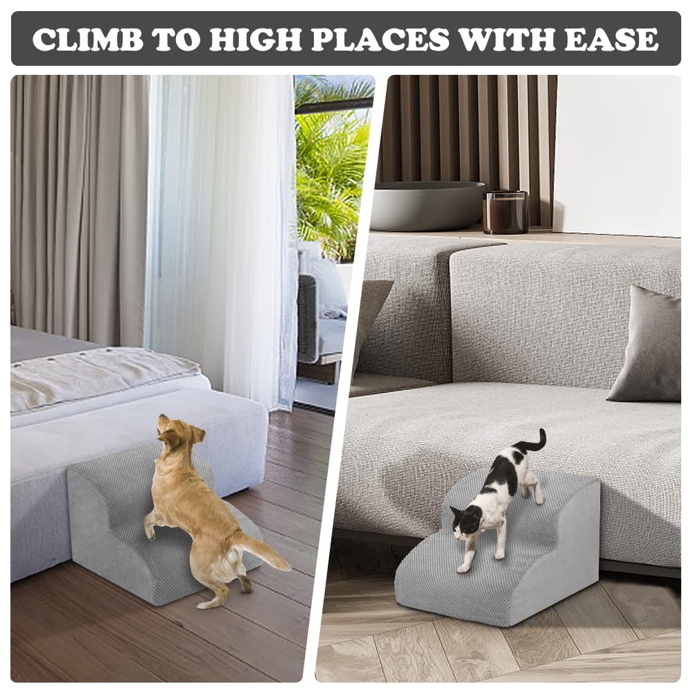 HIDOG Dog Stairs and Ramp, 2-Step Dog Steps for High Beds and Couch, Pet Steps for Small Dogs with Removable Washable Cover, Non-Slip Soft Foam Dog Stairs for Injured Older Pets, Grey -11.8" H