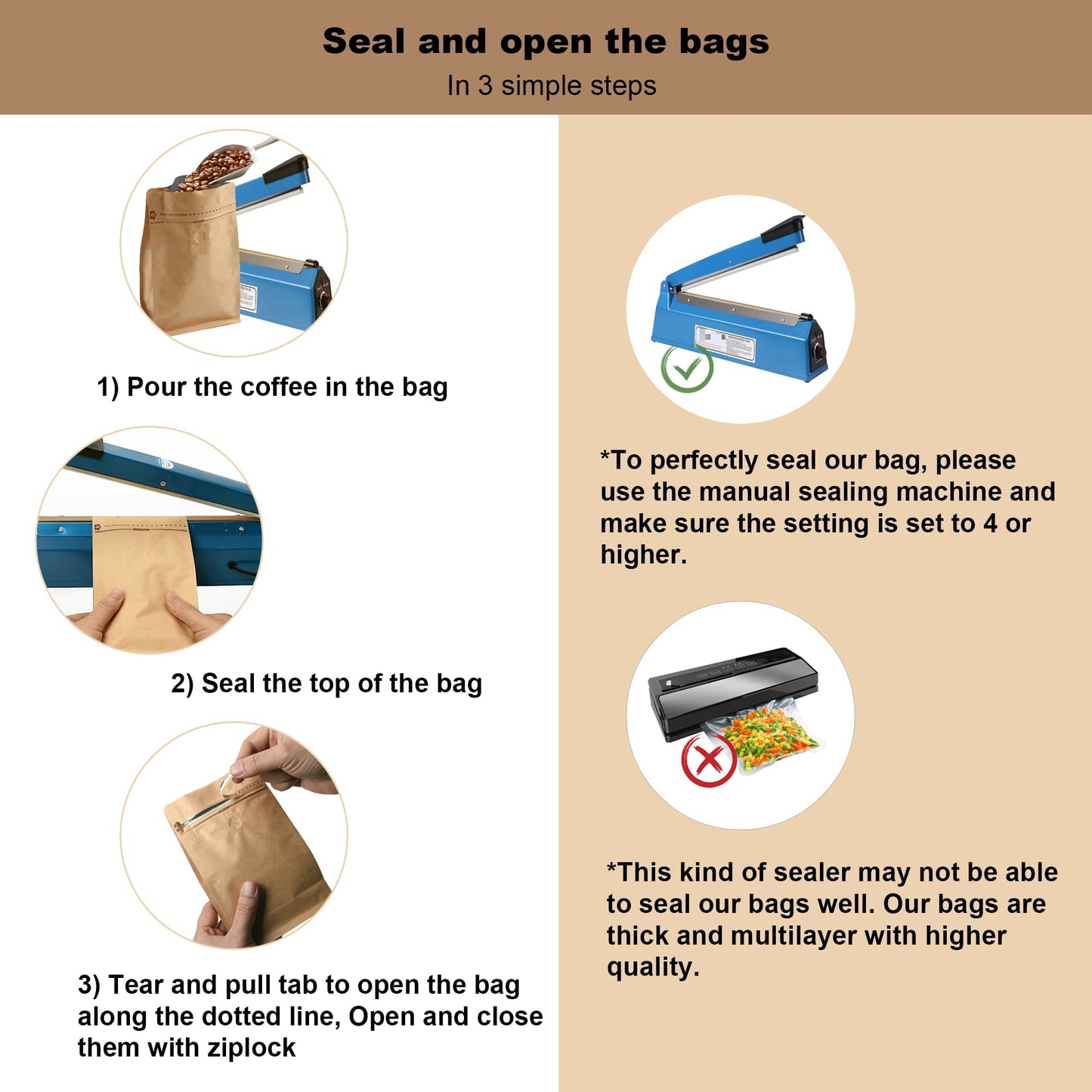100 Count 0.25 lb Kraft Paper Coffee Bags - High Barrier Kraft & Foil Liner - Flat Bottom Coffee Pouches with Degassing Valve, Food Storage Bags with Rsealable Zipper & Easy Open Tape (100pcs,