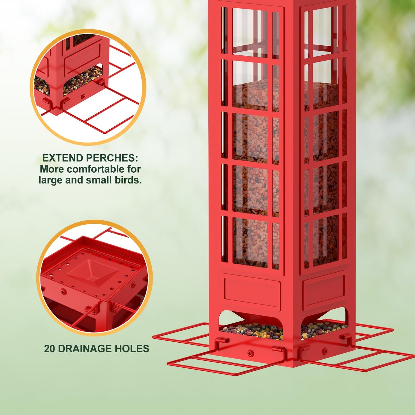 Squirrel Proof Bird Feeder, Metal Bird Feeders for Outdoors Hanging, 3LB Capacity, Gravity Protection Squirrel-Proof Heavy Duty Wild Birdfeeder for Finch Cardinal Chickadee (Red)