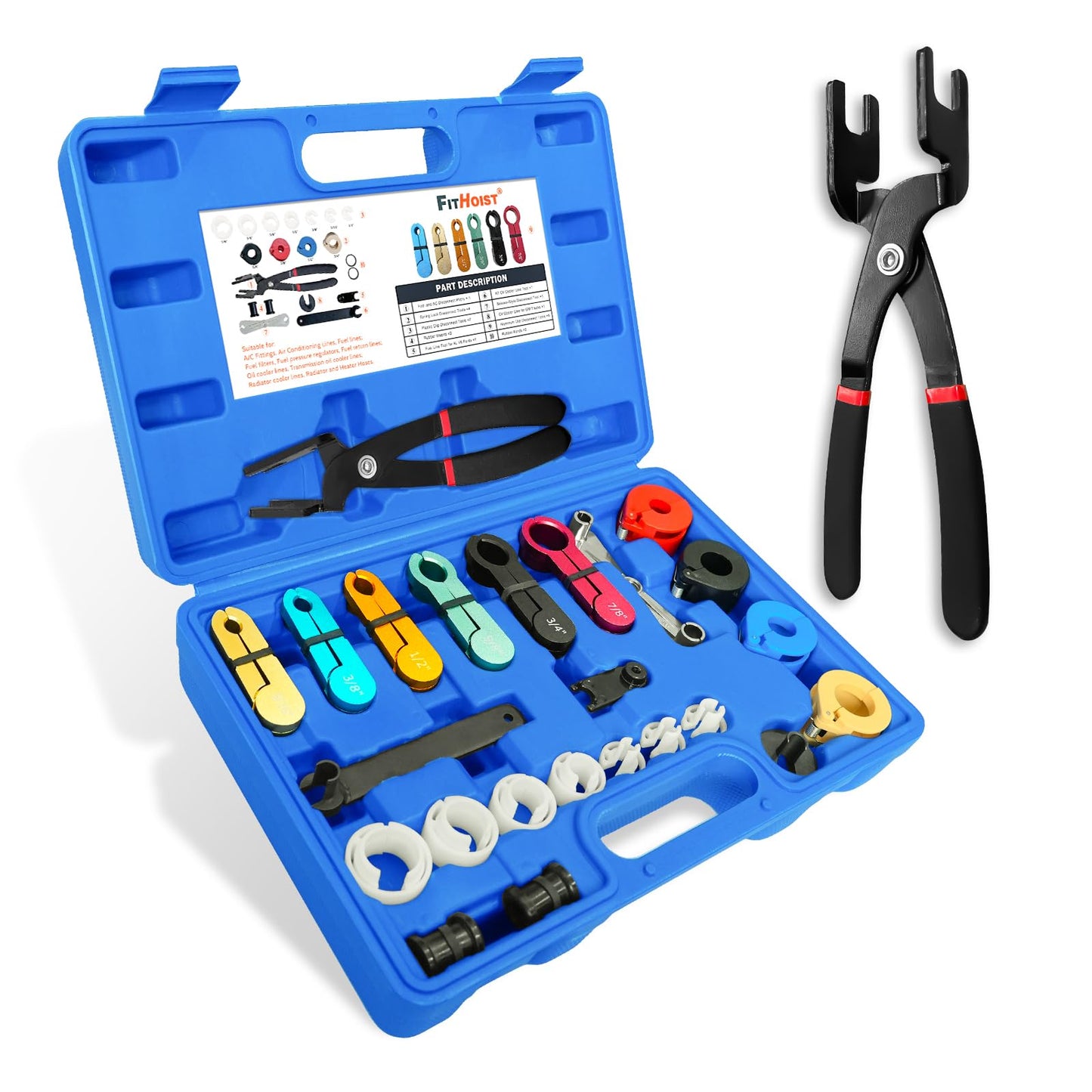 FITHOIST 26Pcs Fuel Line Disconnect Tool Set with Fuel and AC Disconnect Pliers,Master Quick Disconnect Tool Kit, Fuel Line Removal Tools for Air Line GM Trucks,Ford,A/C Fuel&Transmission Systems