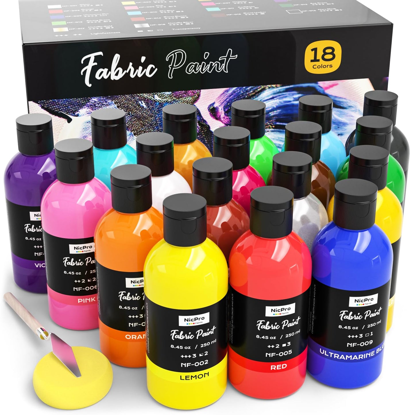 Nicpro 18 Colors Permanent Fabric Paint Set (8.45 oz, 250 ml) Soft Fabric Paint for Clothes, Non-Toxic Textile Paint for Fabric DIY Crafts, T-shirts, Shoes Jeans Bags Canvas with Color Wheel