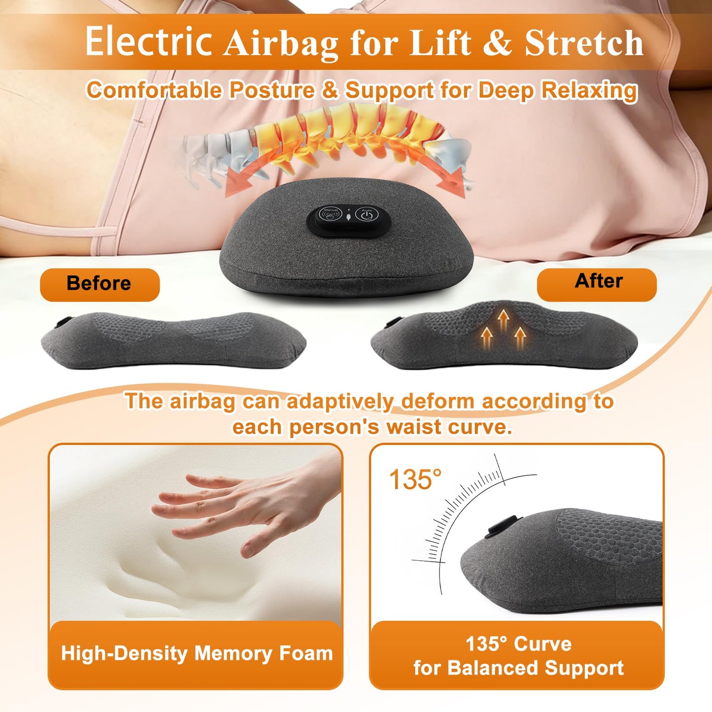 KKYOYRE Smart 3-in-1 Back Massager Cushion with Adjustable Heat, Vibration & Traction, Portable Lumbar Pillow for Total Body Relaxation, Compatible with Home, Office, and Travel Use