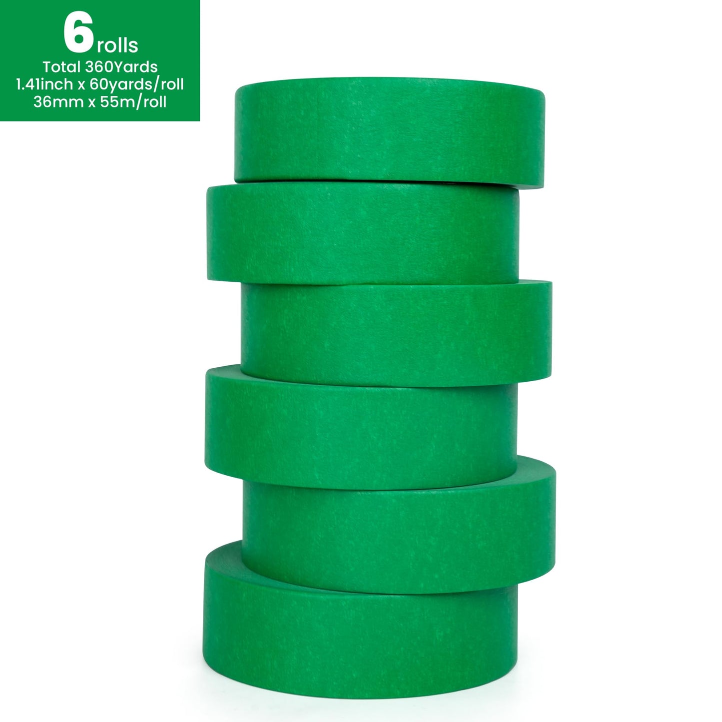 TAPEBEAR Green 14-Day Painters Tape Multi-Surface Masking Tape 36MM x 55M, Indoor and Outdoor Painting Tape, Residue Free Easy Removal with Sharp Lines, Paint Tape for Walls, Auto, Home, 6Rolls