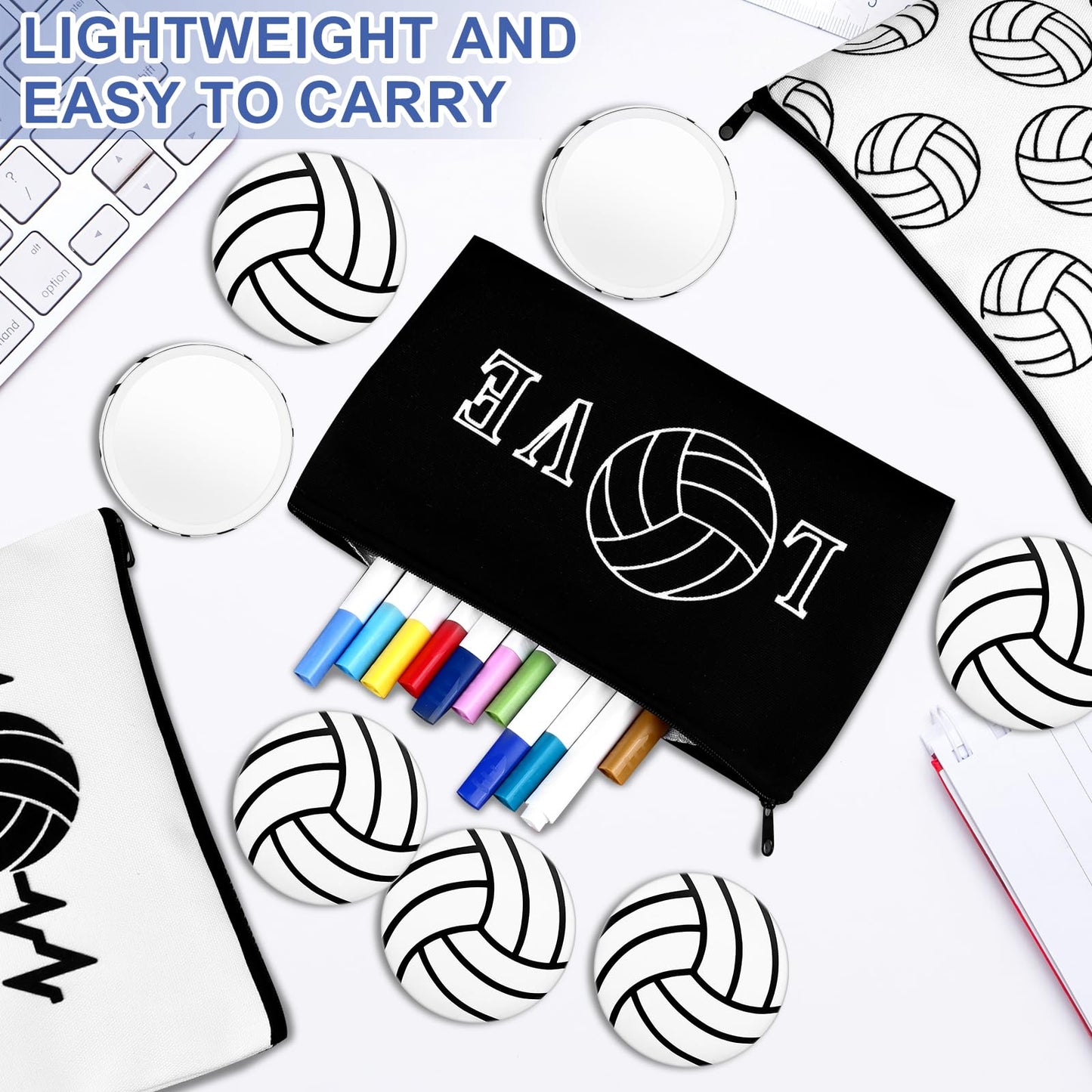 40 Pcs Volleyball Gifts 20 Volleyball Cosmetic Bags 20 Volleyball Compact Mirrors, Travel Pouches Black and White 2.76" Round Makeup Mirrors Women Volleyball Stuff Gifts Volleyball Players Teams,