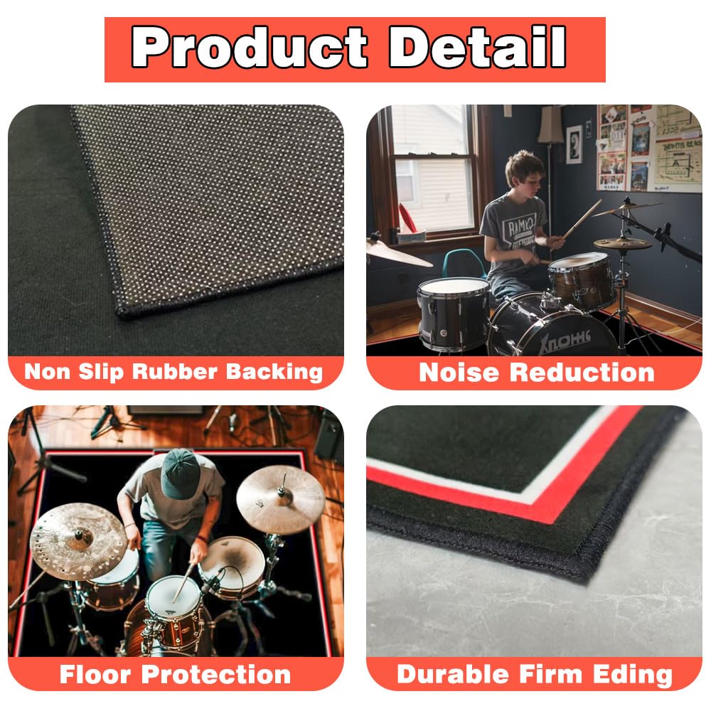 Drumming Drum Rug, 120x180cm Drum Mat Non Slip Soundproof, Drums Carpets for Drummers Outdoor Summer, Electronic Drums Set Practice Music Tapis, Floor Protection Record Pad for Splash Cymbal Stands.