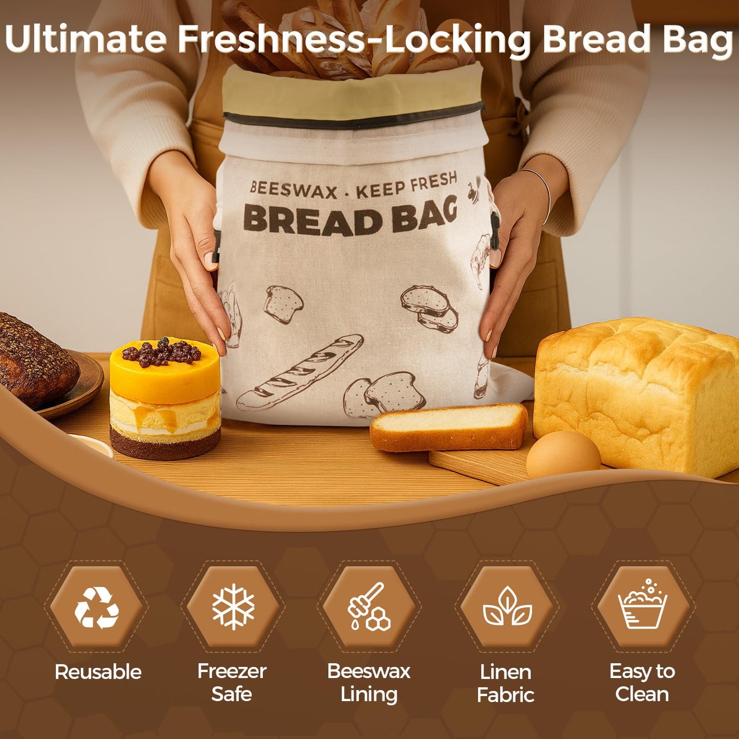 YARRAMATE Reusable Beeswax Bread Bags for Homemade Bread & Sourdough, 2 Pack XL 17x13in Linen Organic Bread Storage Bags with Zipper for Loaf, Baguette, Bagels and Sandwich Bread, Freezer Safe, Brown