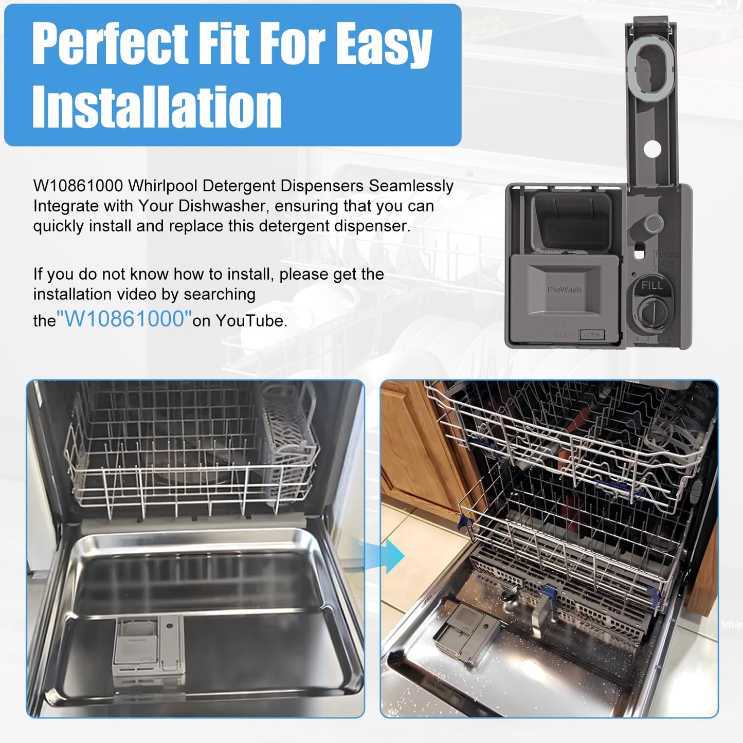 UPGRADED W10861000 Dishwasher Detergent Dispenser Compatible With Whirlpool Kitchenaid Maytag Dishwasher Detergent Dispenser Replacement Parts W10620296 W10620298 WDT730PAHZ0 Soap Dishwasher Dispenser