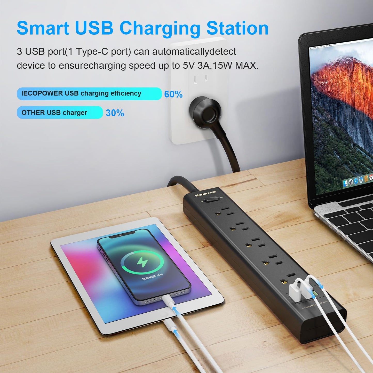 10FT Extension Cord Power Bar -Surge Protector Power bar with 5 Widely Outlets and 3 USB Ports(1 USB C Port),Flat Plug Extension Cord(1250W/10A),Wall Mount for Home Office,700 J(2 Pack)